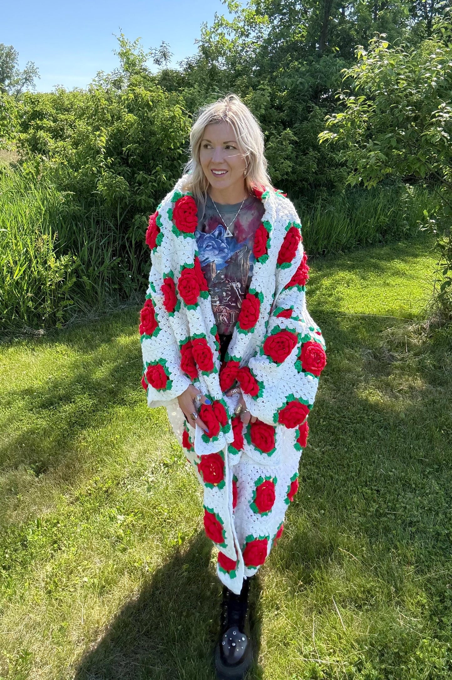 Vintage Romance Red Roses Extra Oversized Crochet Coat