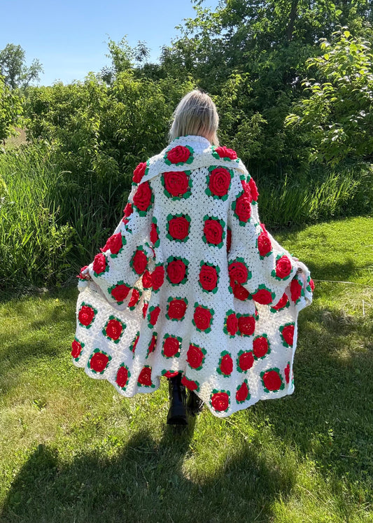 Vintage Romance Red Roses Extra Oversized Crochet Coat