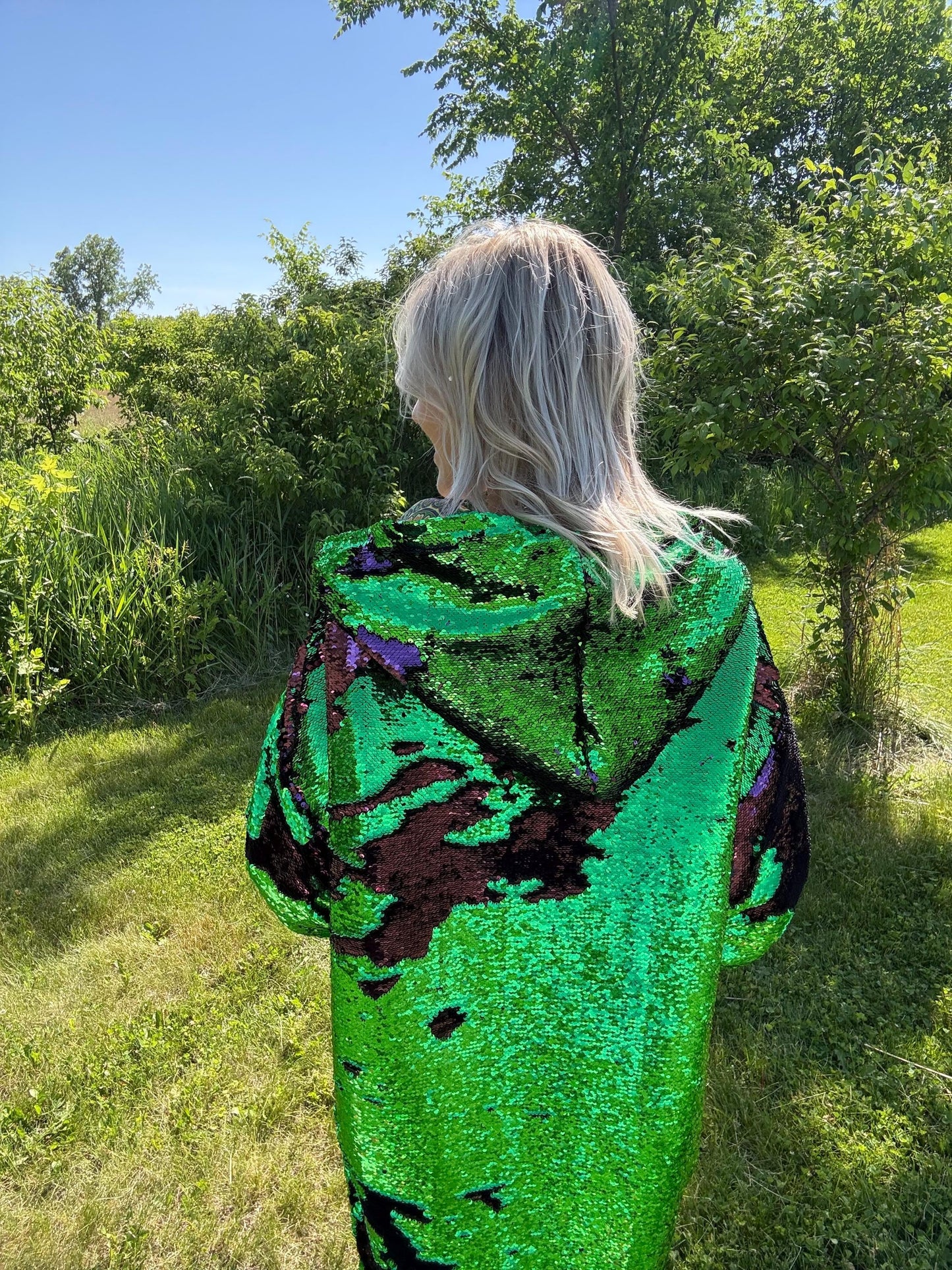 Sacred Amethyst Lotus Fully Lined Luxury Sequin Statement Coat