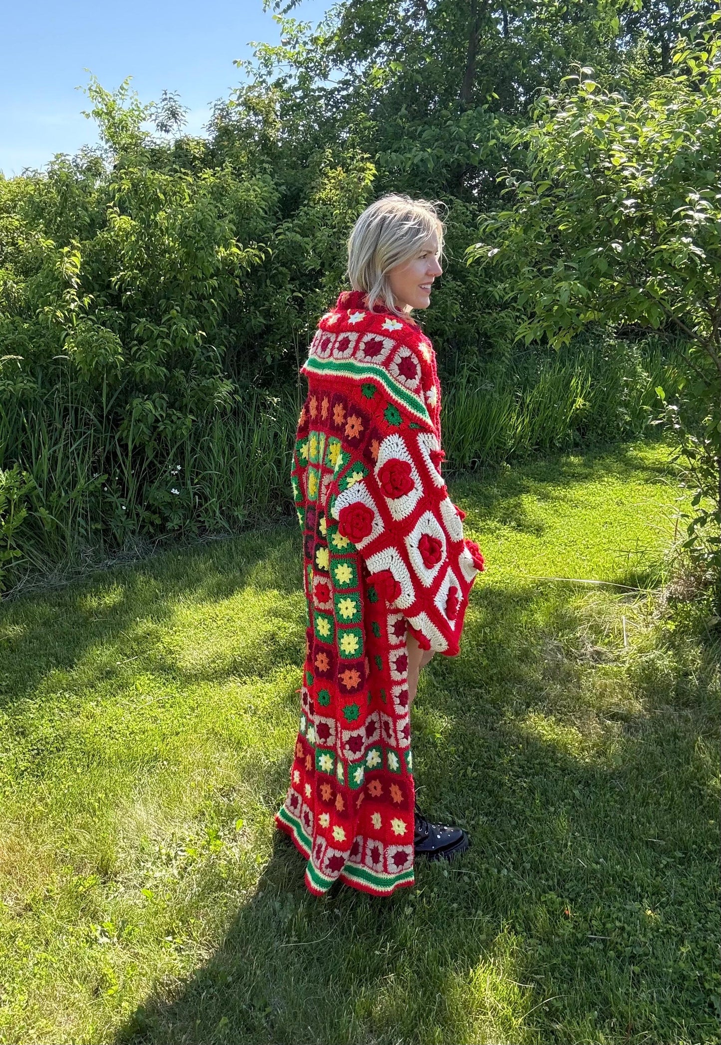 Romantic Escapade Long Oversized Red Rose Crochet Coat