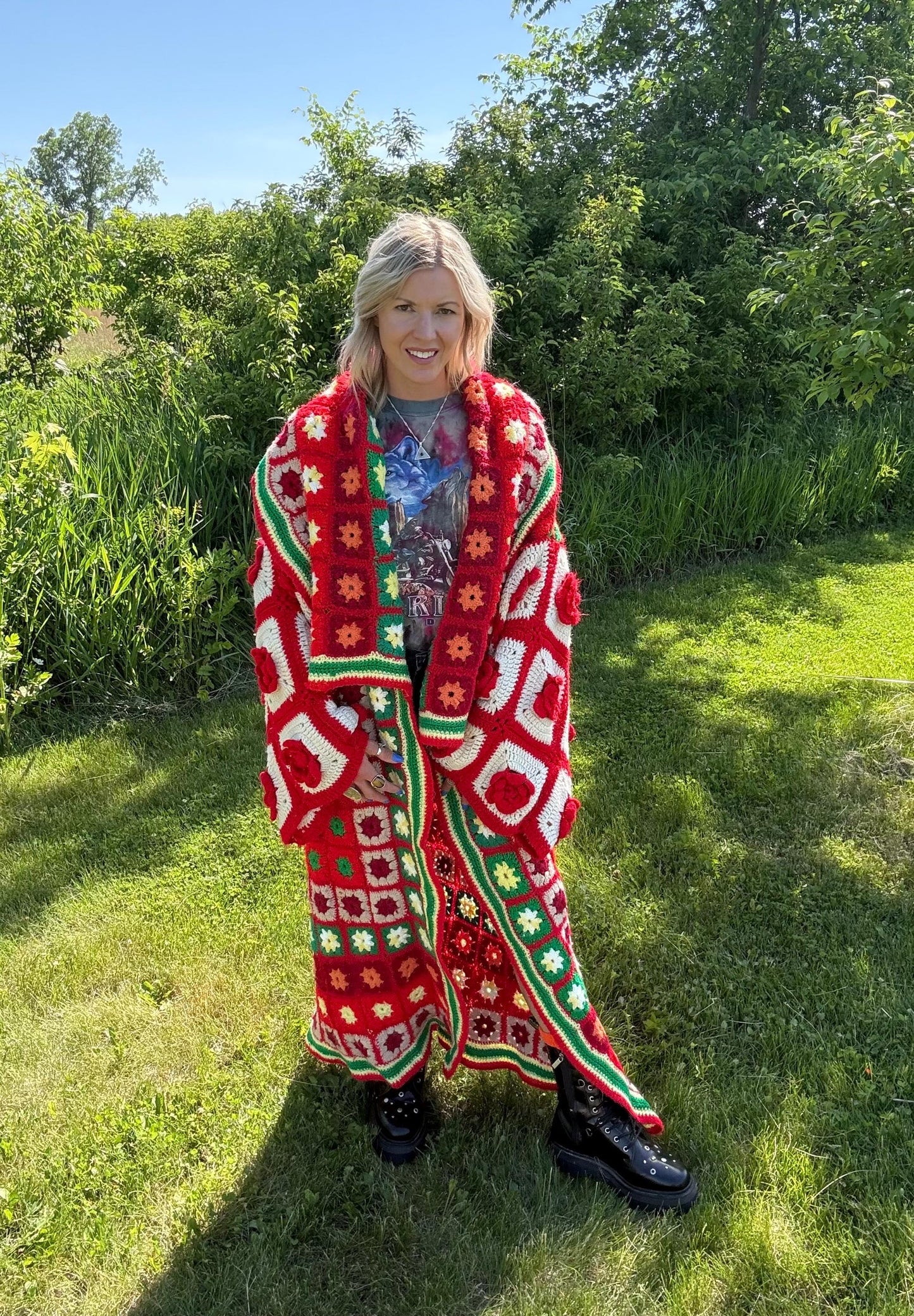 Romantic Escapade Long Oversized Red Rose Crochet Coat
