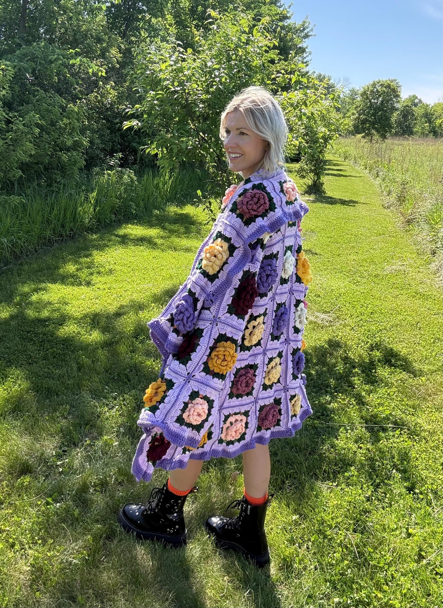 Pastel Roses Lilac Purple Crochet Cardigan