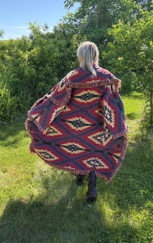 Western Campfires Long Boho Blanket Coat