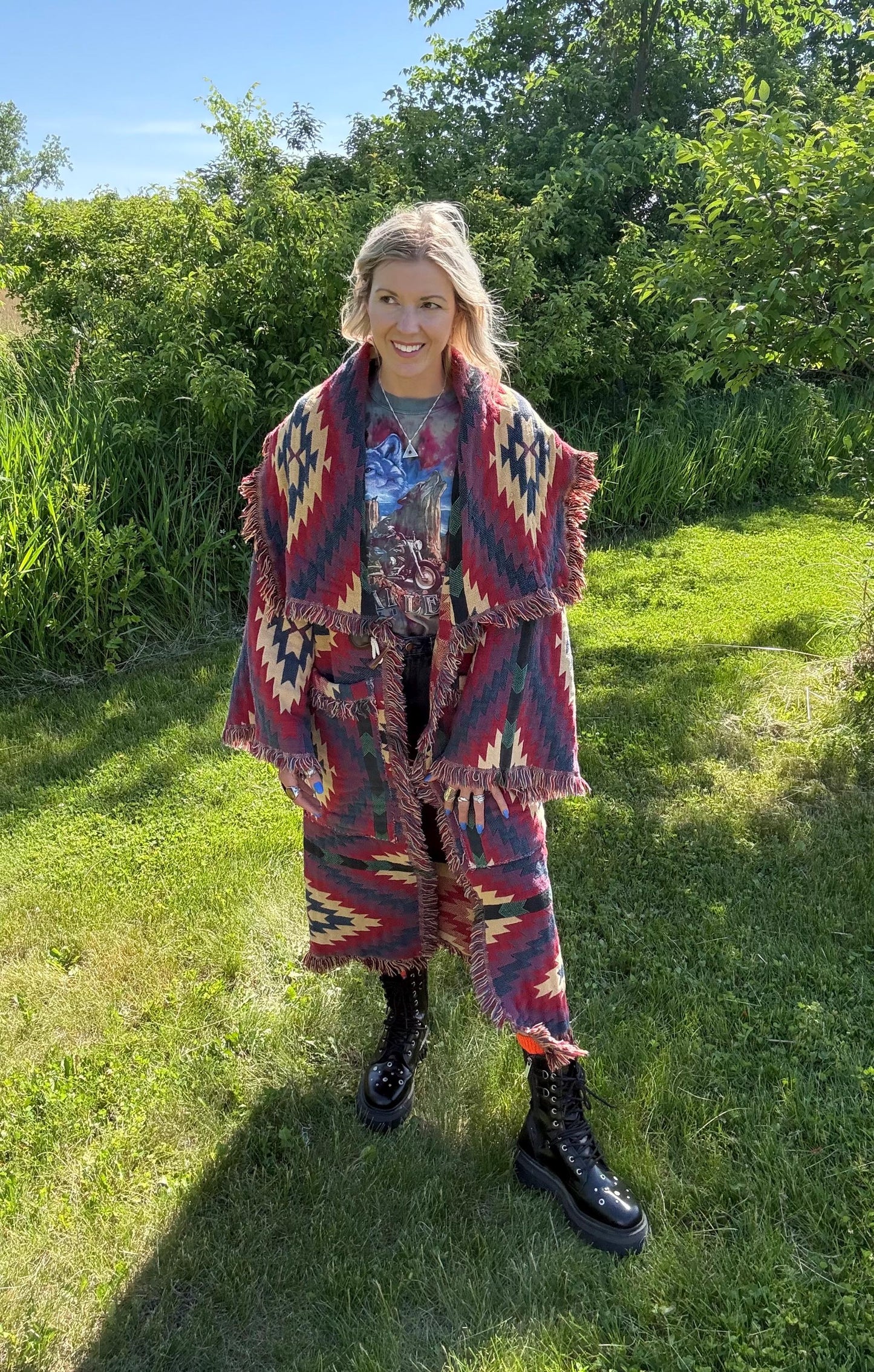 Western Campfires Long Boho Blanket Coat