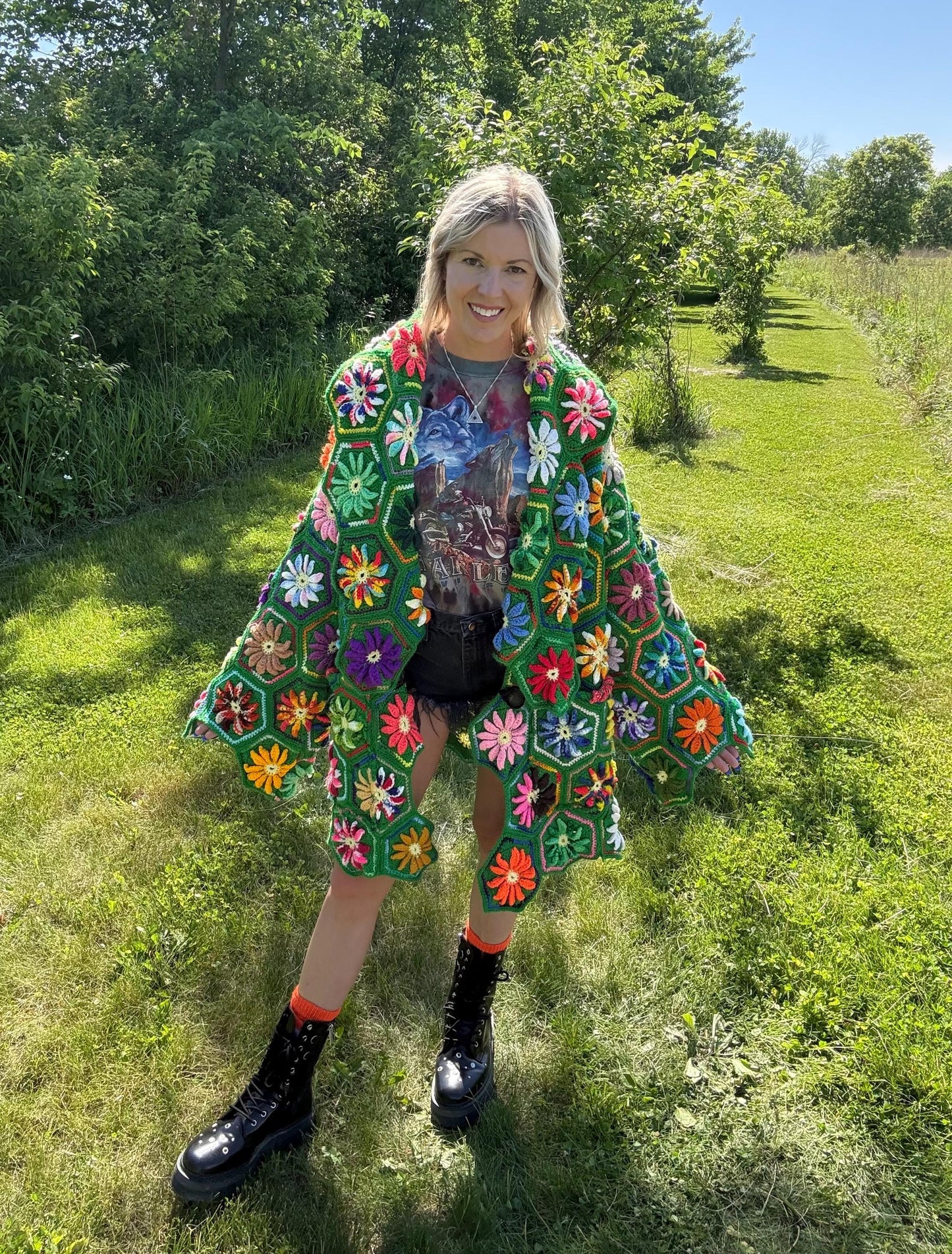 Flower Power Rainbow Honeycomb Crochet Coat