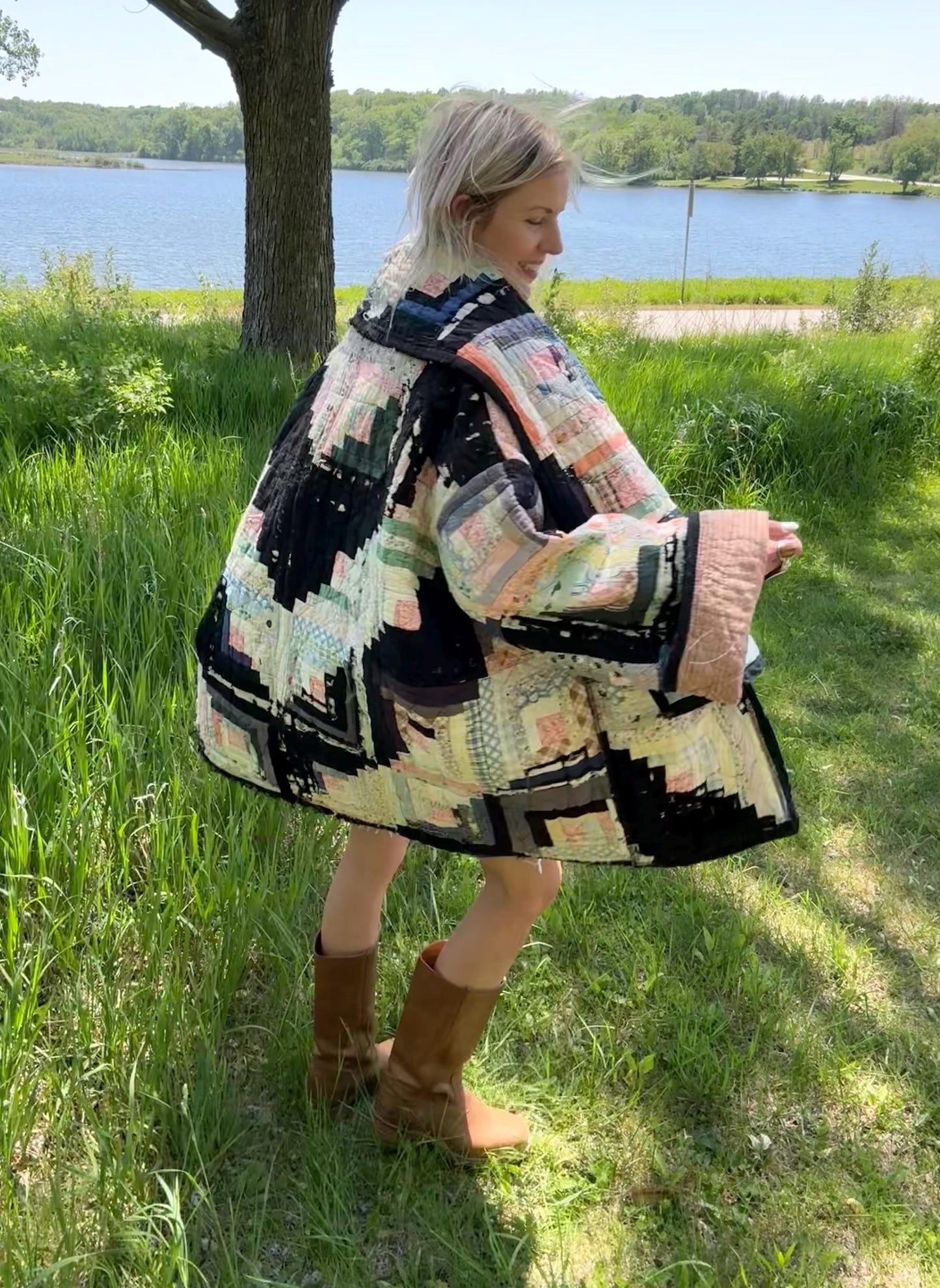 Tattered Distressed Black & White Upcycled Antique Quilt Coat