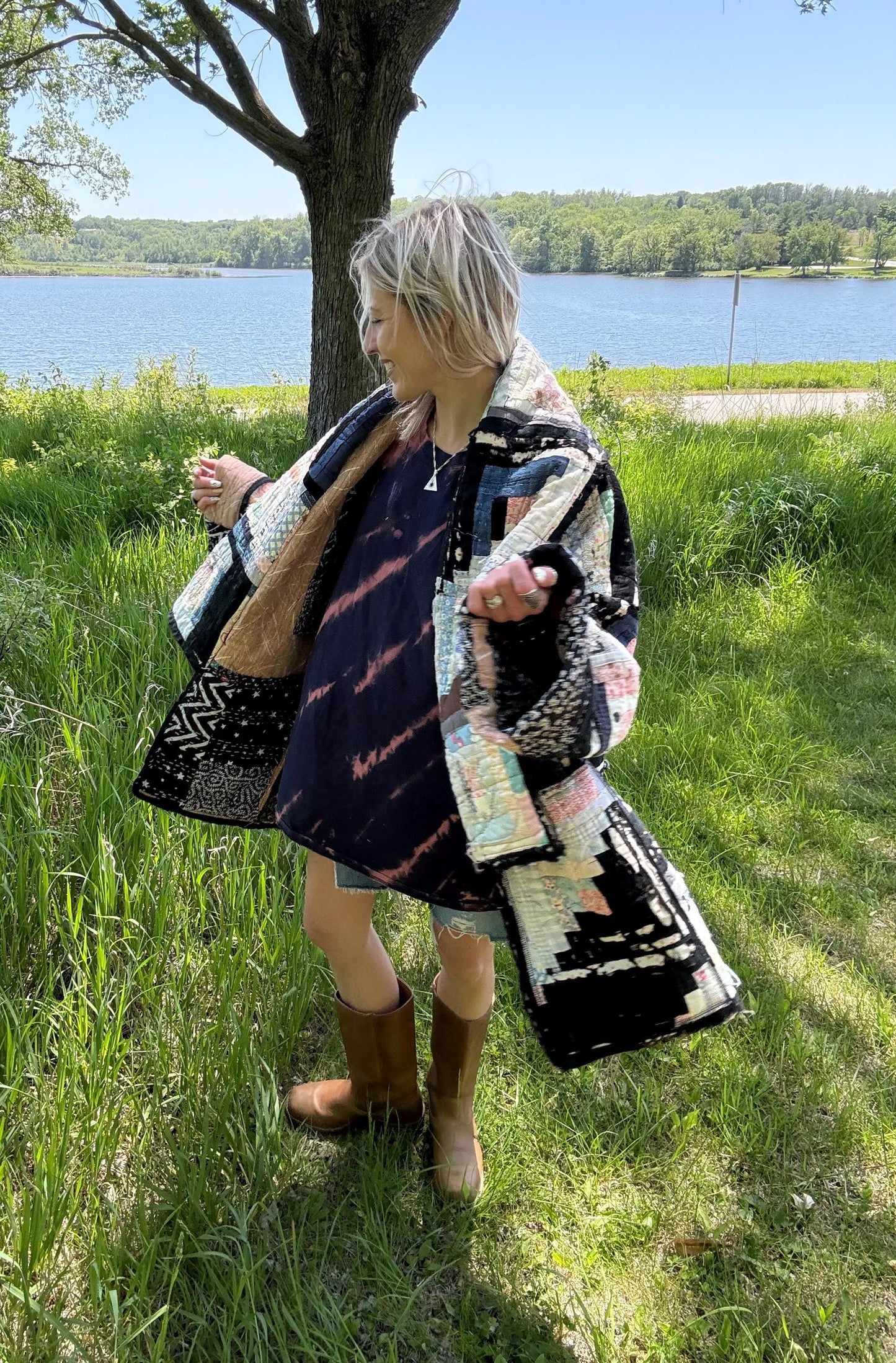 Tattered Distressed Black & White Upcycled Antique Quilt Coat