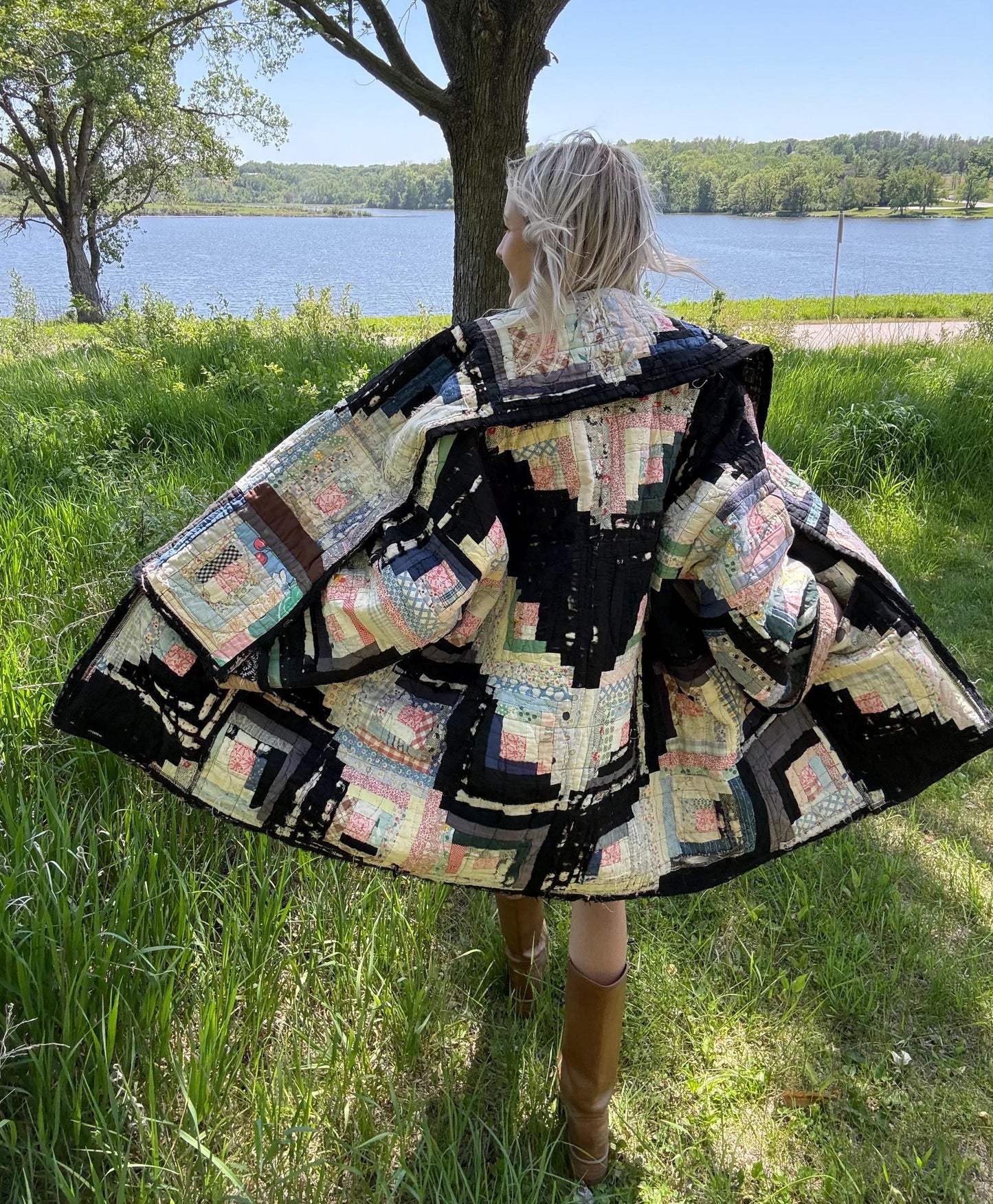 Tattered Distressed Black & White Upcycled Antique Quilt Coat