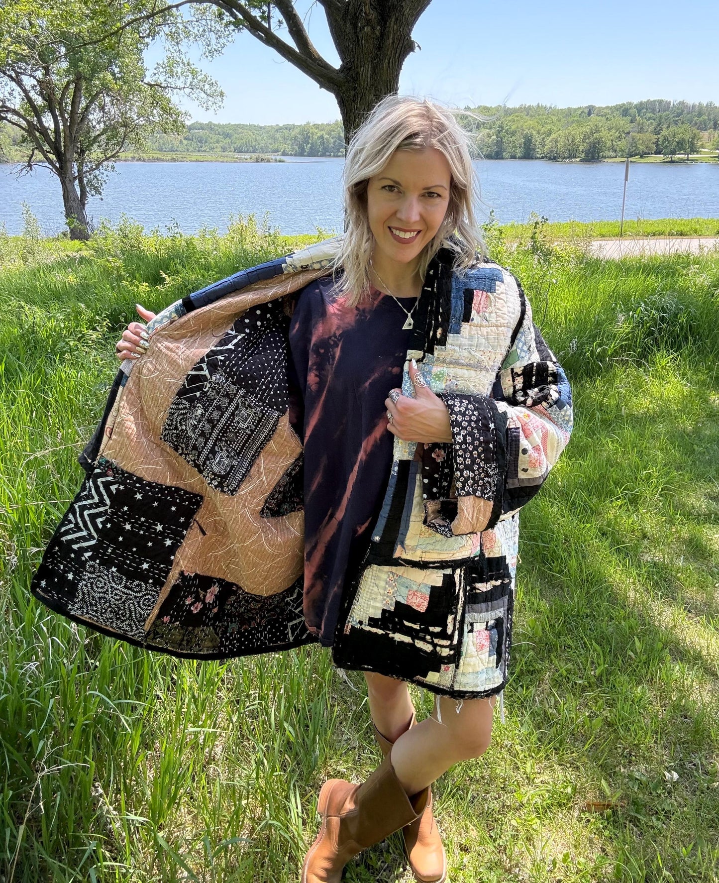 Tattered Distressed Black & White Upcycled Antique Quilt Coat