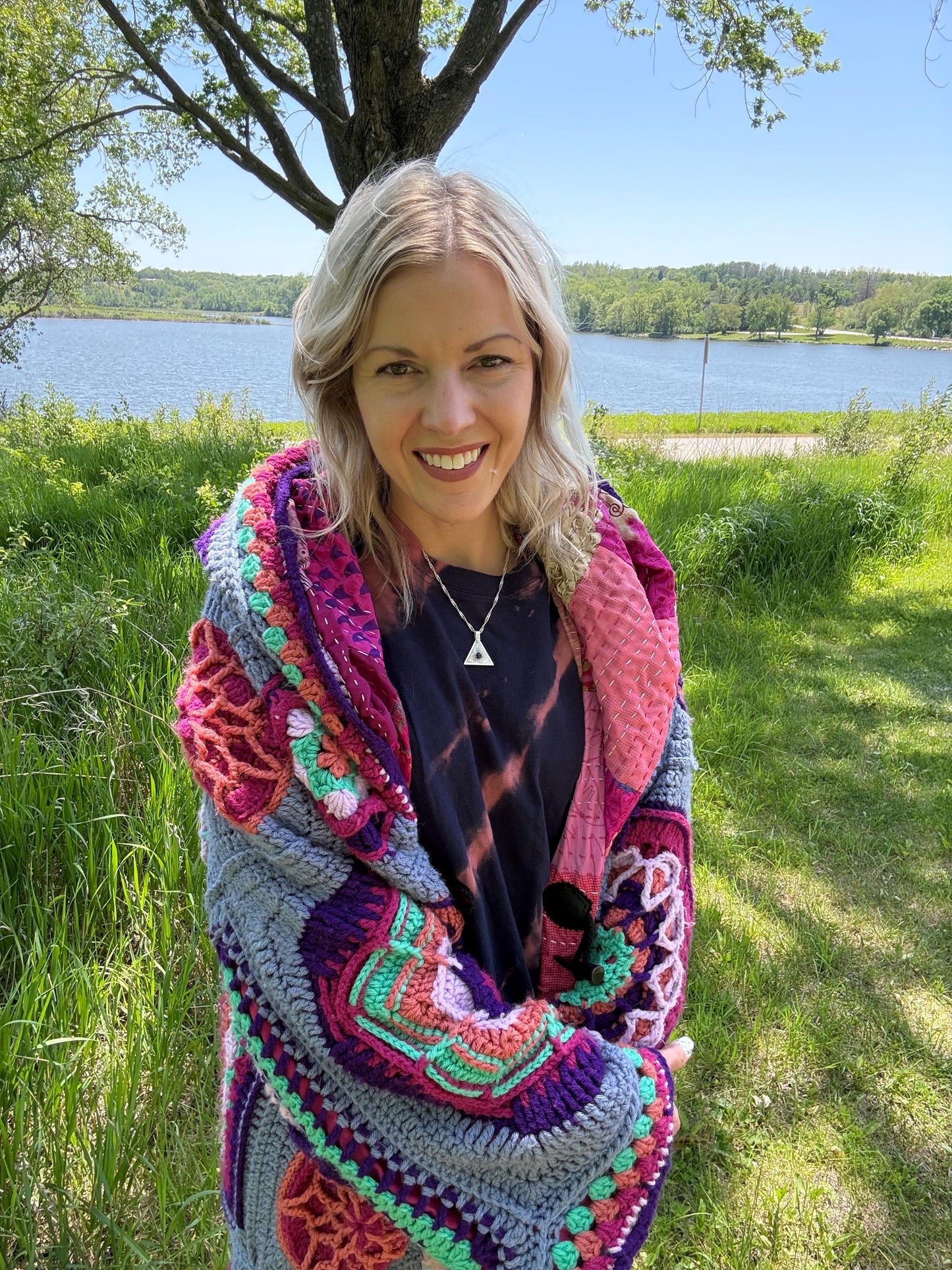 Romantic Mandalas Steel Blue Hot Pink Fully Lined Crochet Duster