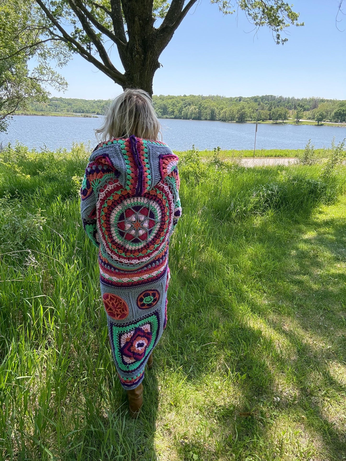 Romantic Mandalas Steel Blue Hot Pink Fully Lined Crochet Duster