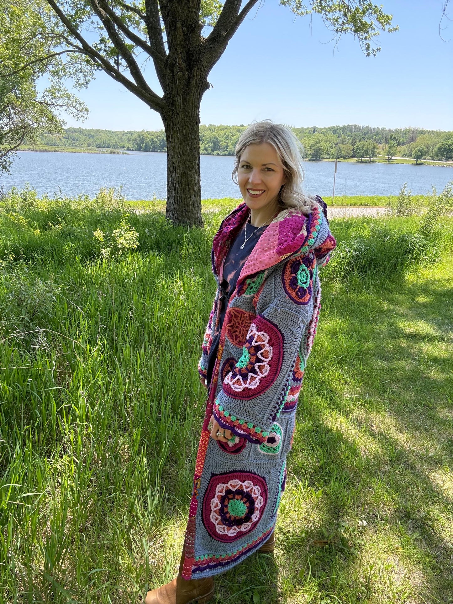Romantic Mandalas Steel Blue Hot Pink Fully Lined Crochet Duster