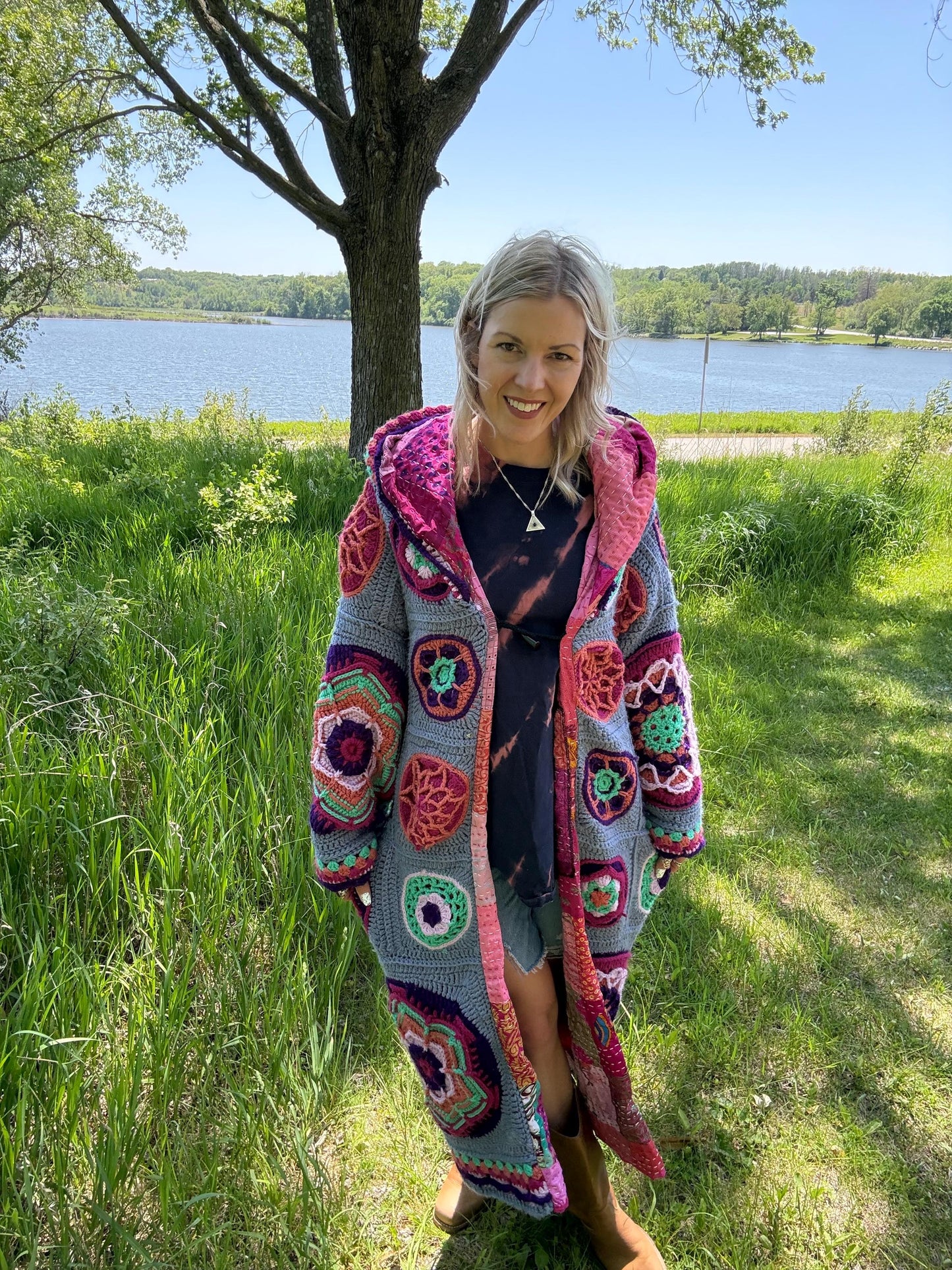 Romantic Mandalas Steel Blue Hot Pink Fully Lined Crochet Duster