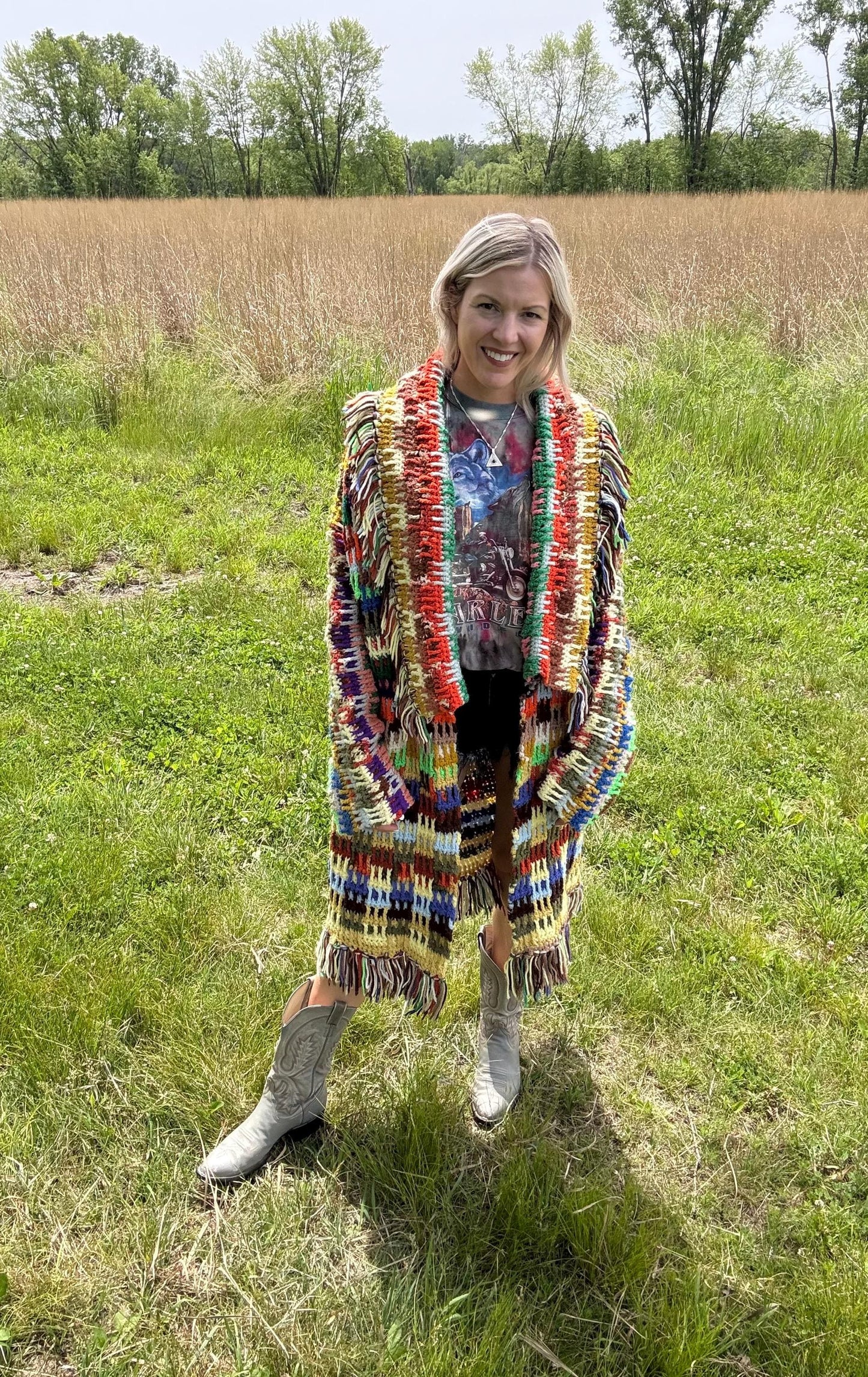 Rainbow Dreams Oversized Fringe Crochet Blanket Coat