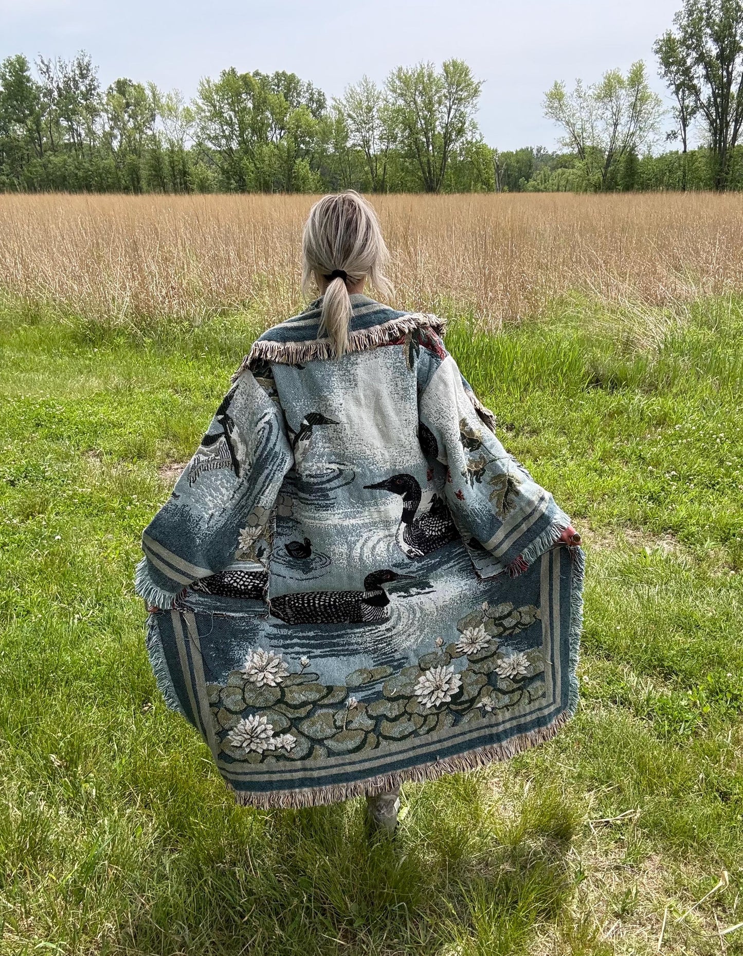 Upcycled Loon Blanket Coat: Boho Fringe Jacket, Vintage Textile Art