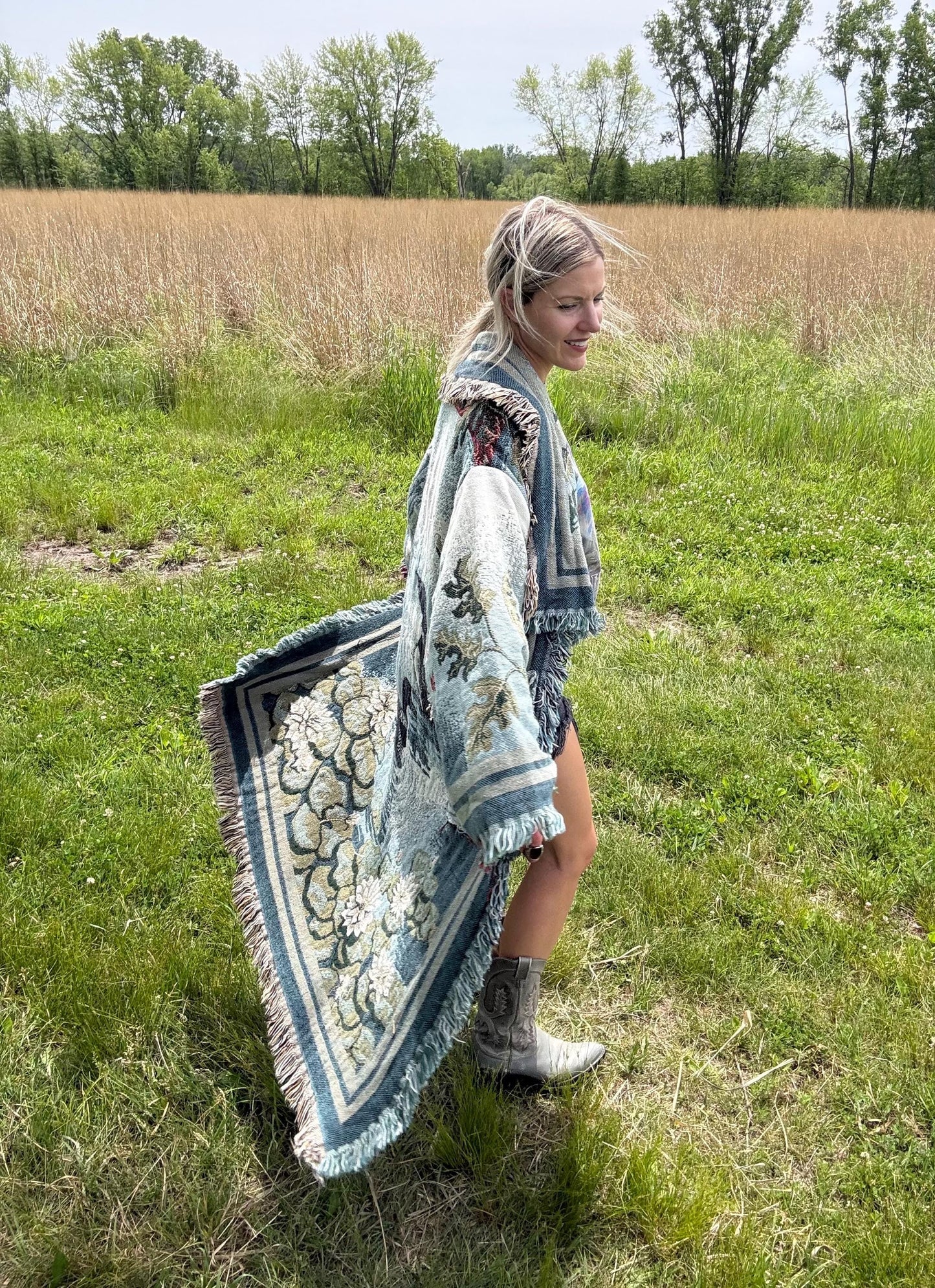 Upcycled Loon Blanket Coat: Boho Fringe Jacket, Vintage Textile Art