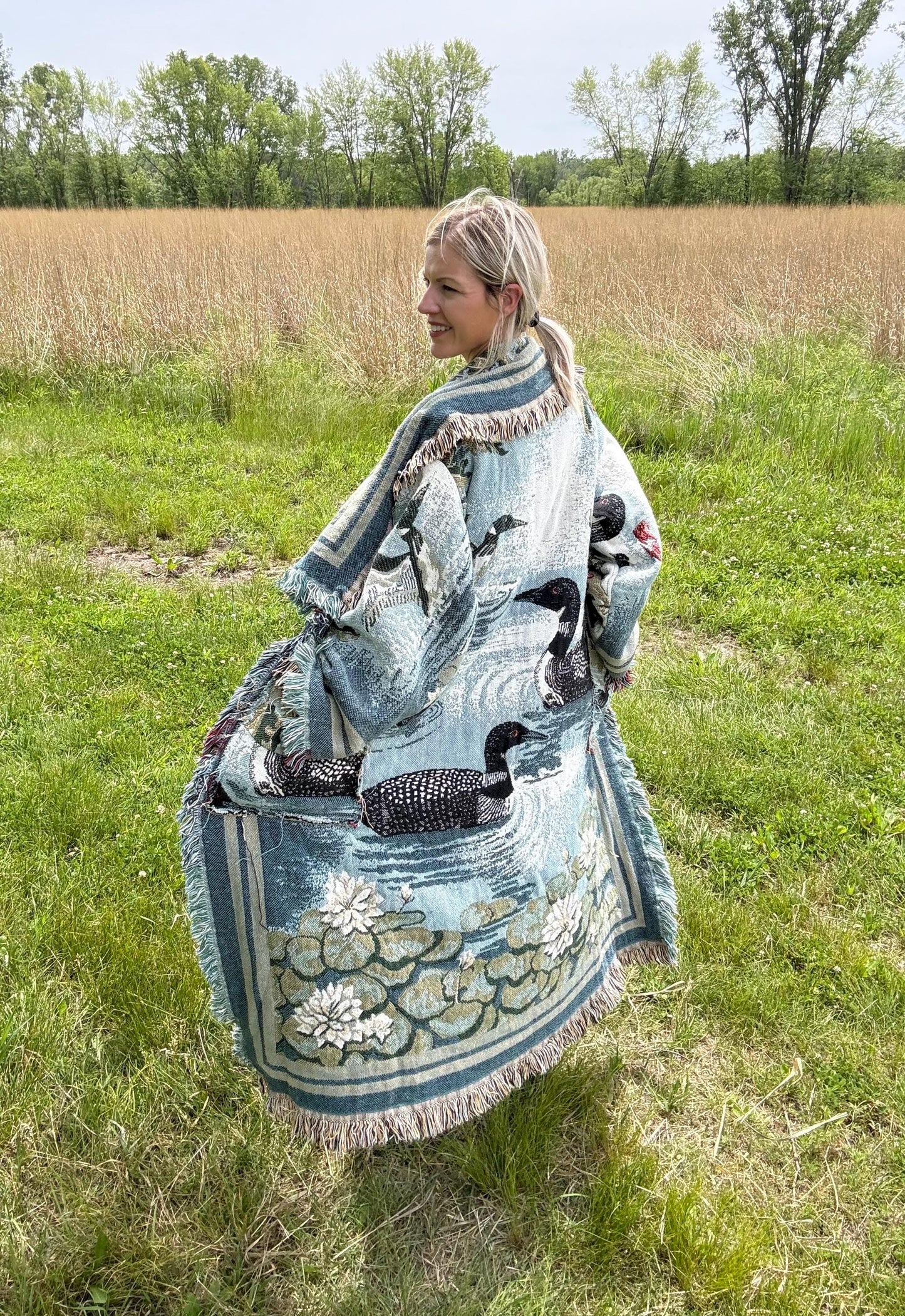 Upcycled Loon Blanket Coat: Boho Fringe Jacket, Vintage Textile Art