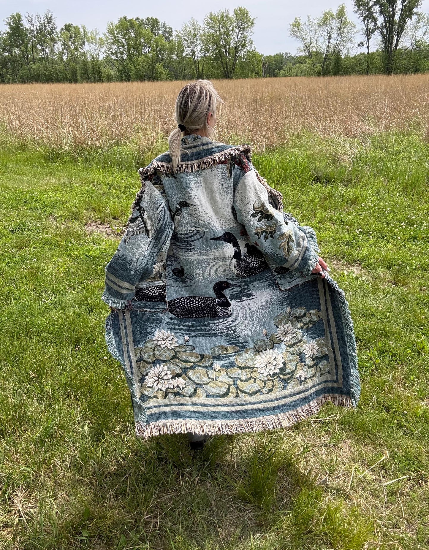 Upcycled Loon Blanket Coat: Boho Fringe Jacket, Vintage Textile Art