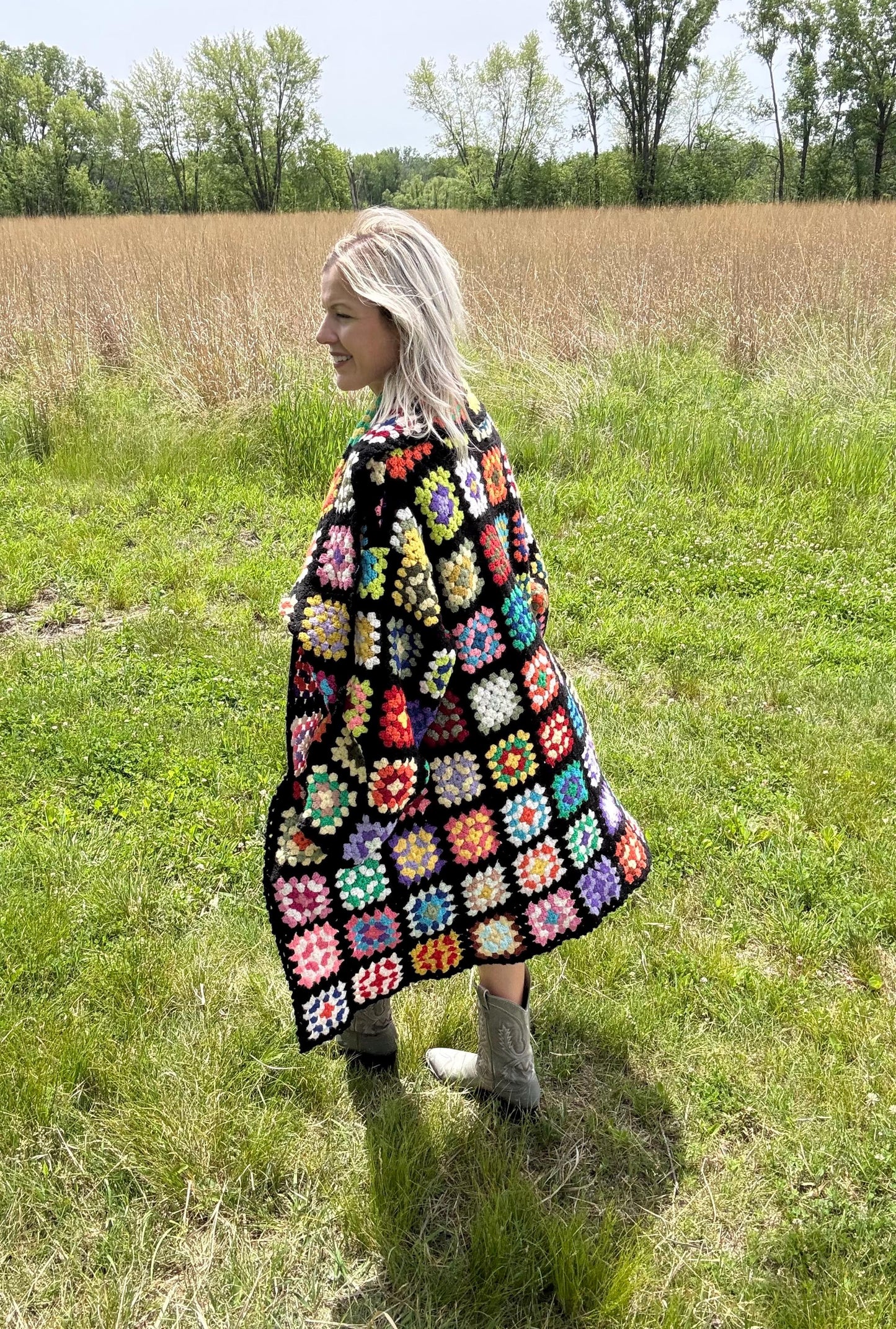 Upcycled Vintage Granny Square Crochet Sweater Coat