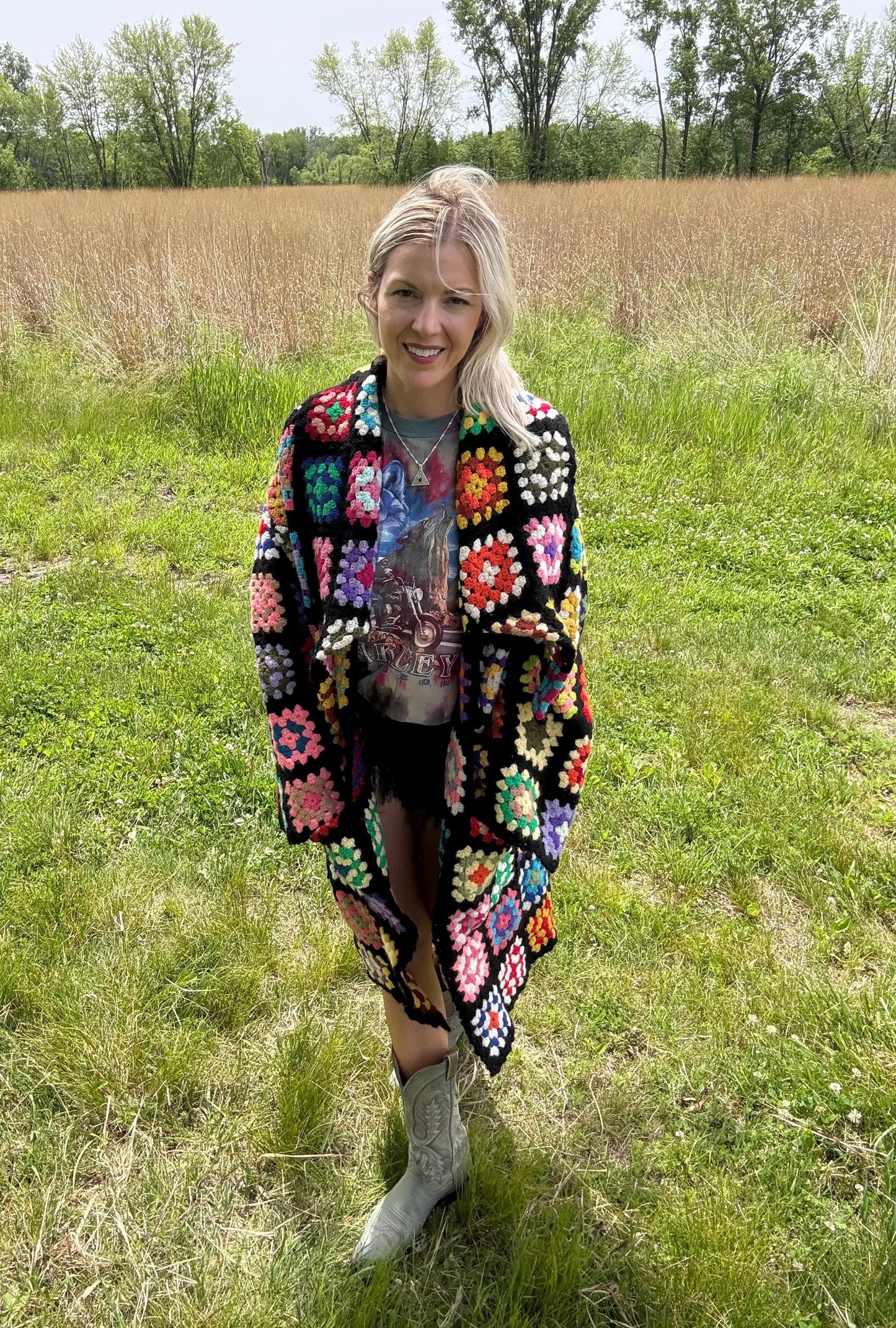 Upcycled Vintage Granny Square Crochet Sweater Coat
