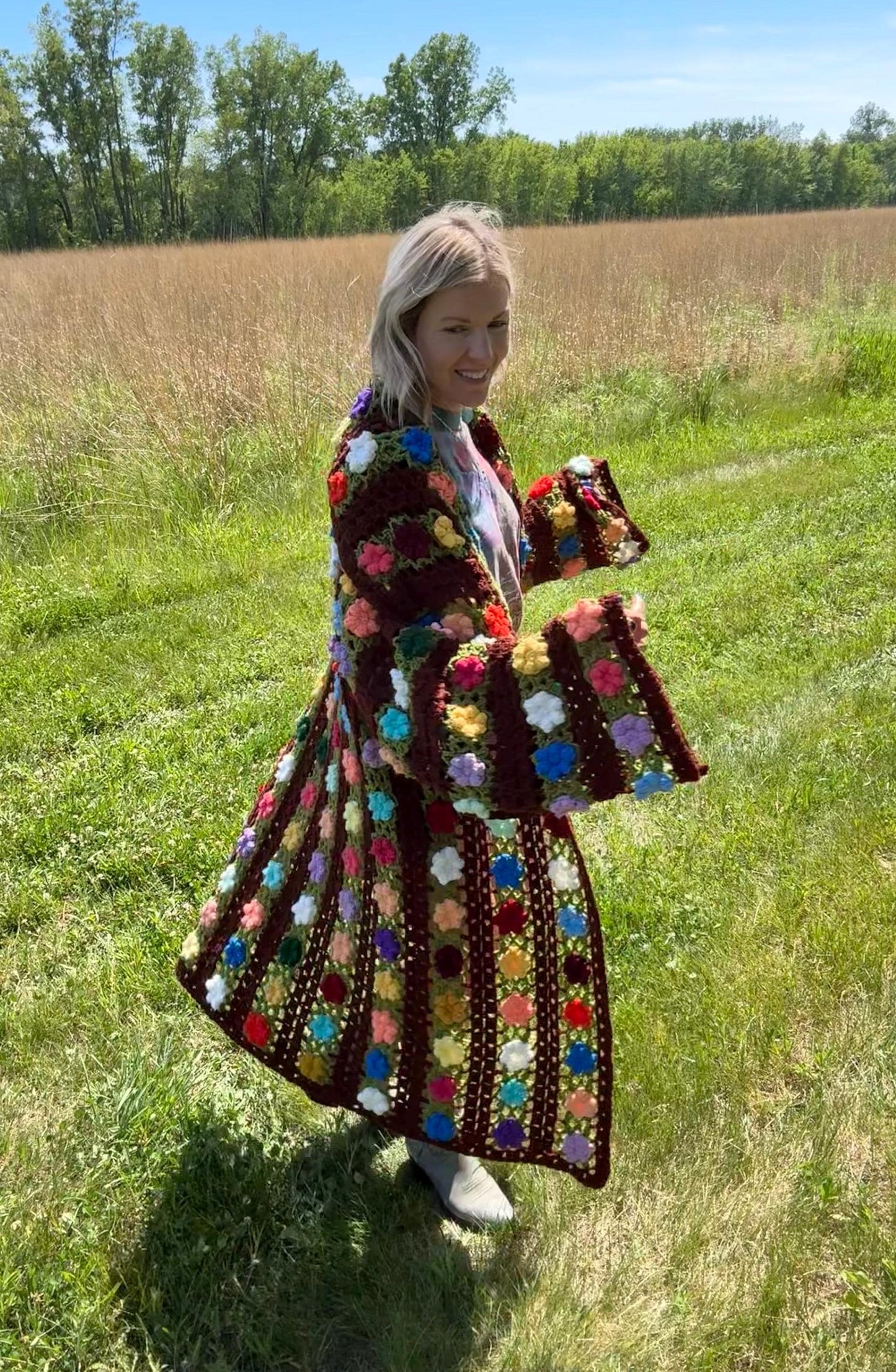 Rainbow Roses Brown Boho Crochet Cardigan