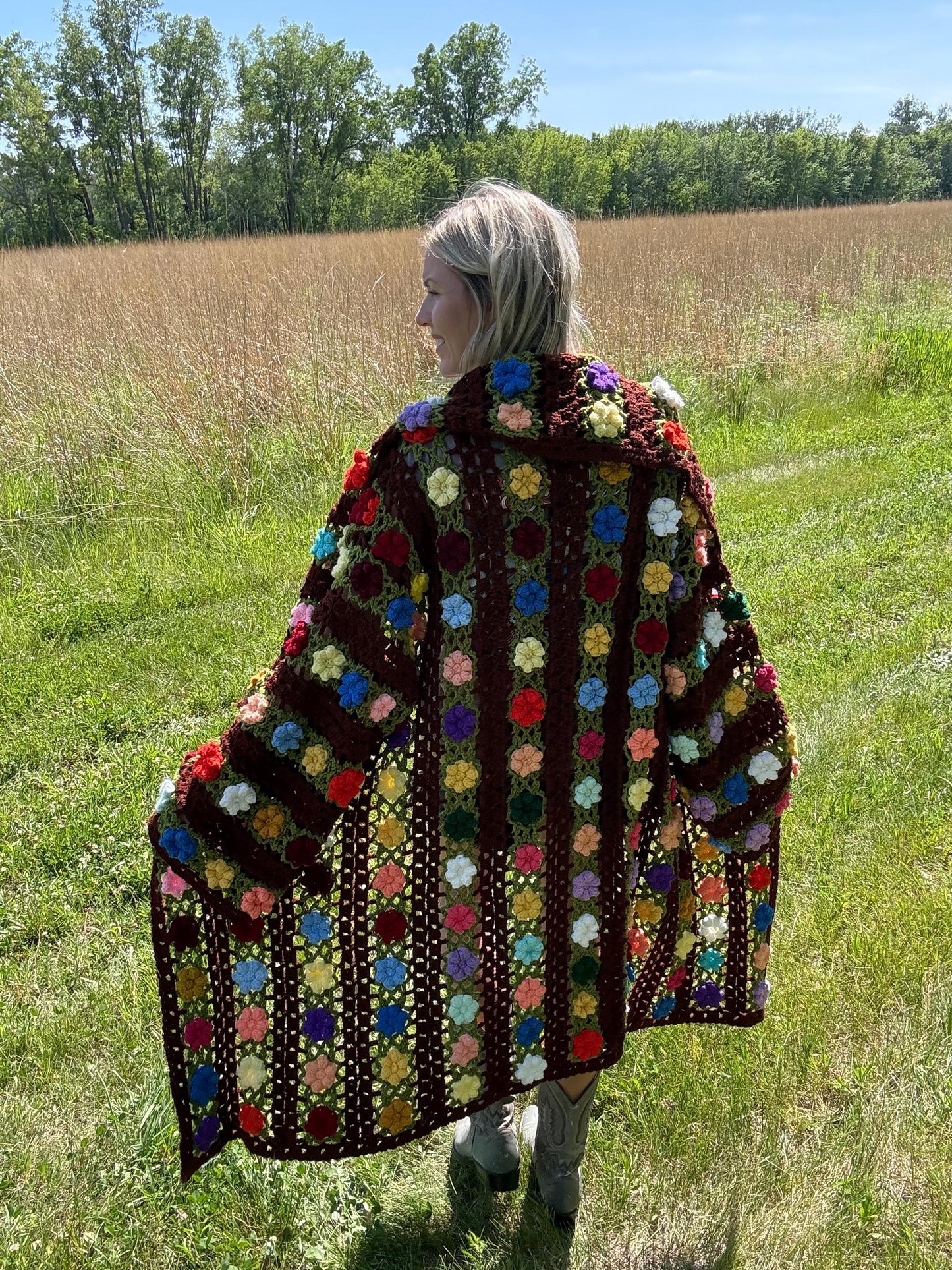 Rainbow Roses Brown Boho Crochet Cardigan
