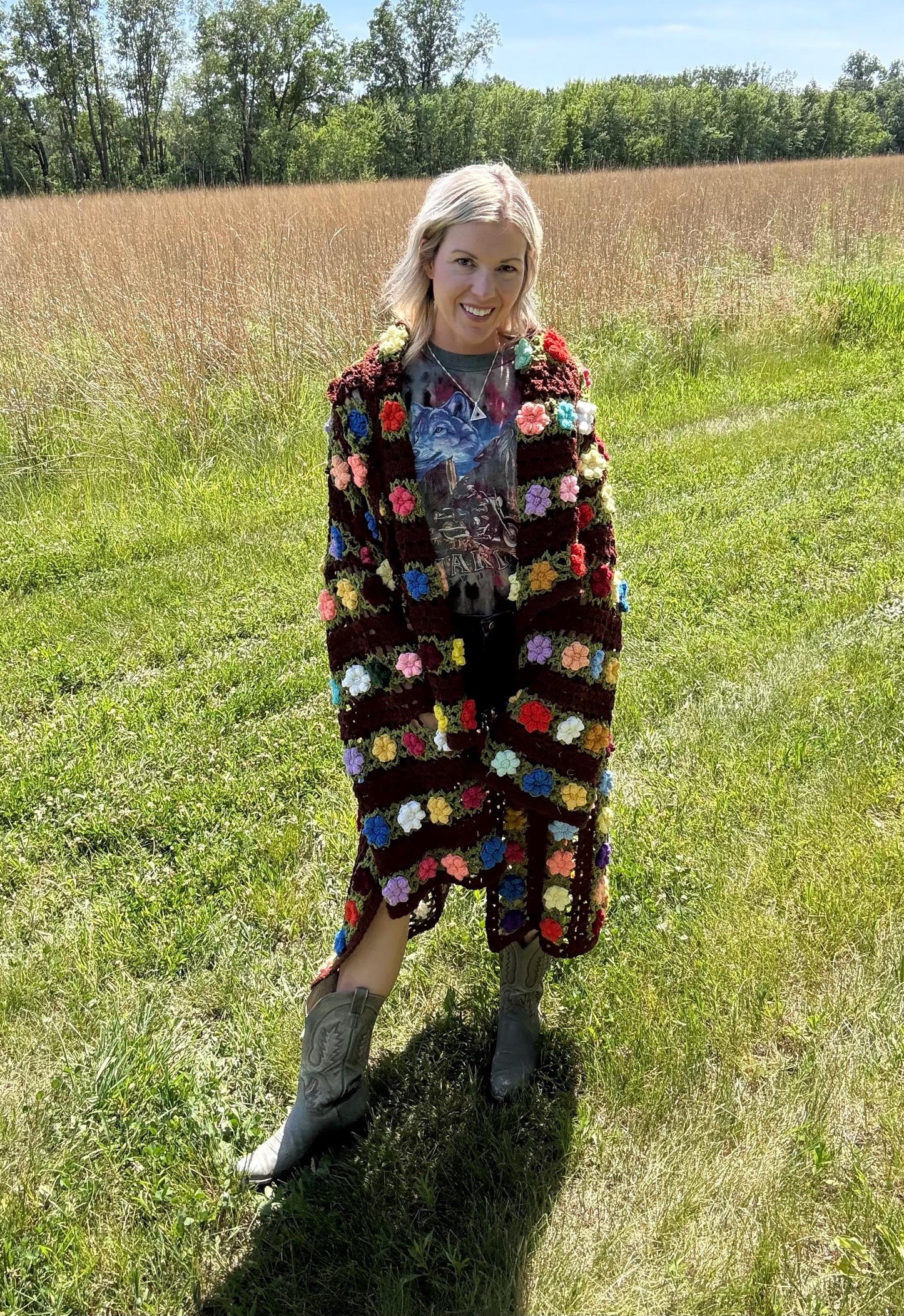 Rainbow Roses Brown Boho Crochet Cardigan