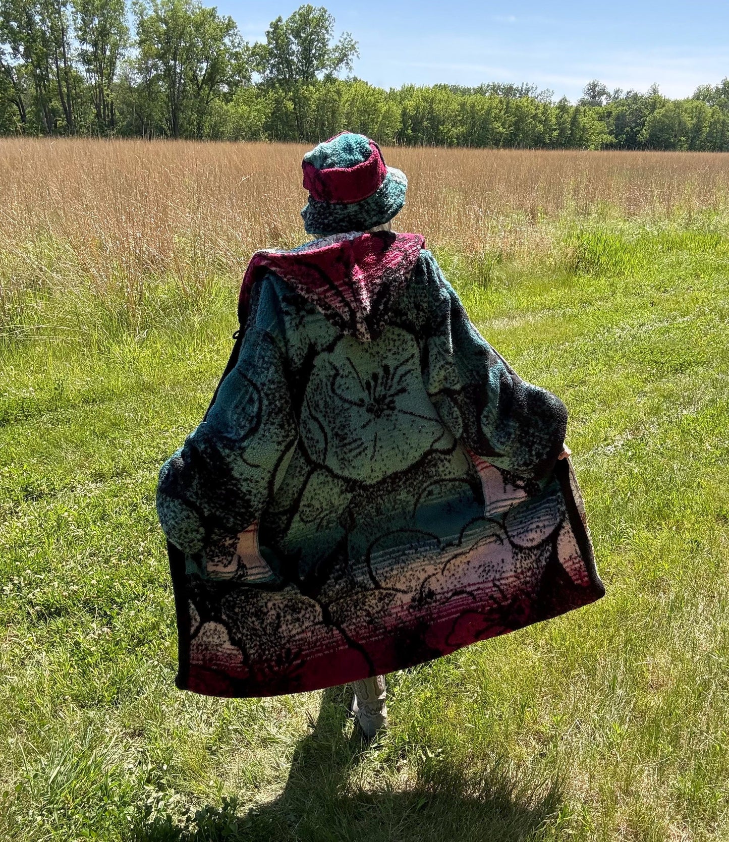 Jewel Toned Hibiscus Flower Maximalist Reversible Fleece Quilt Coat
