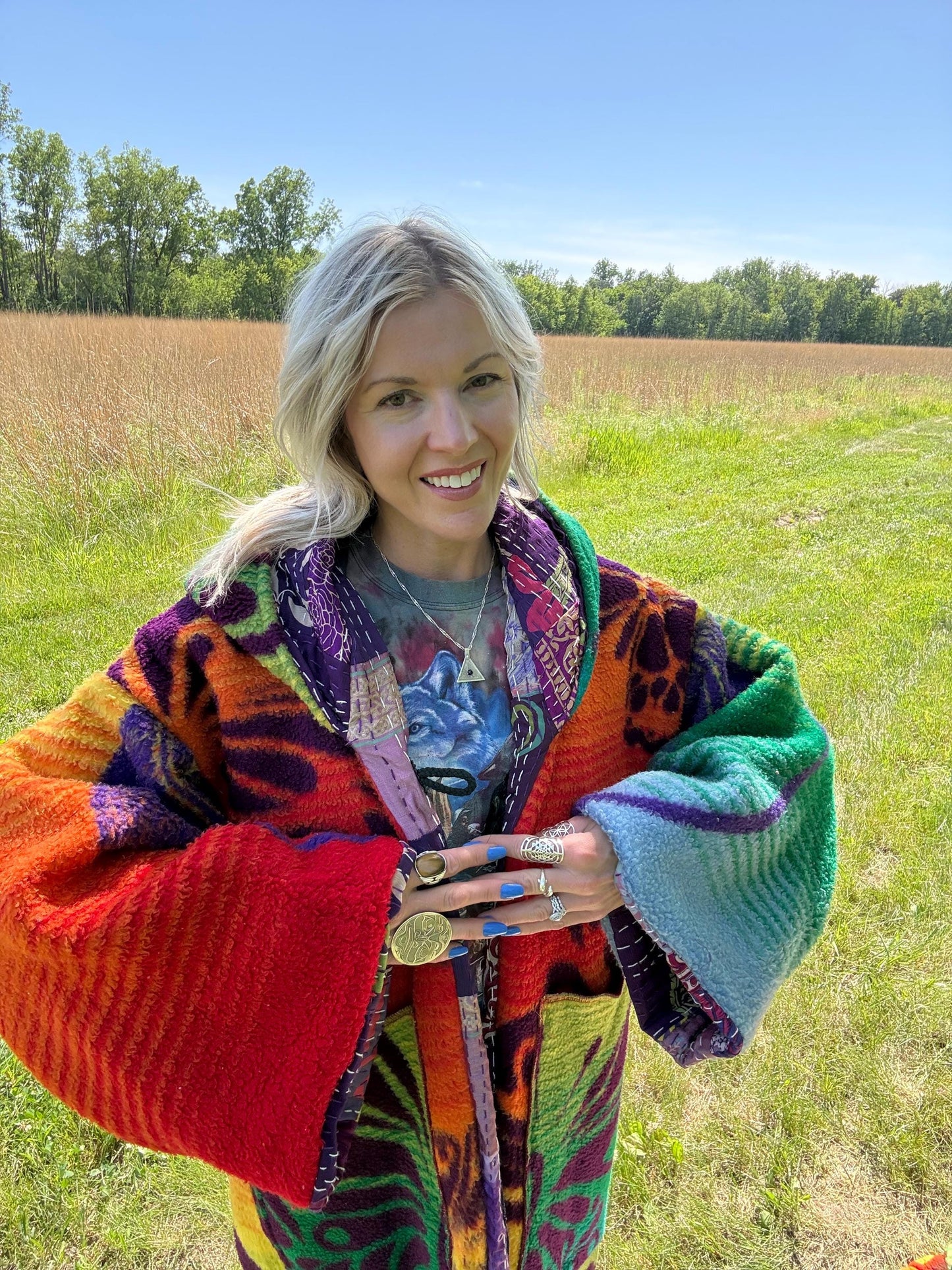 Rainbow Butterfly Maximalist Reversible Fleece Quilt Coat