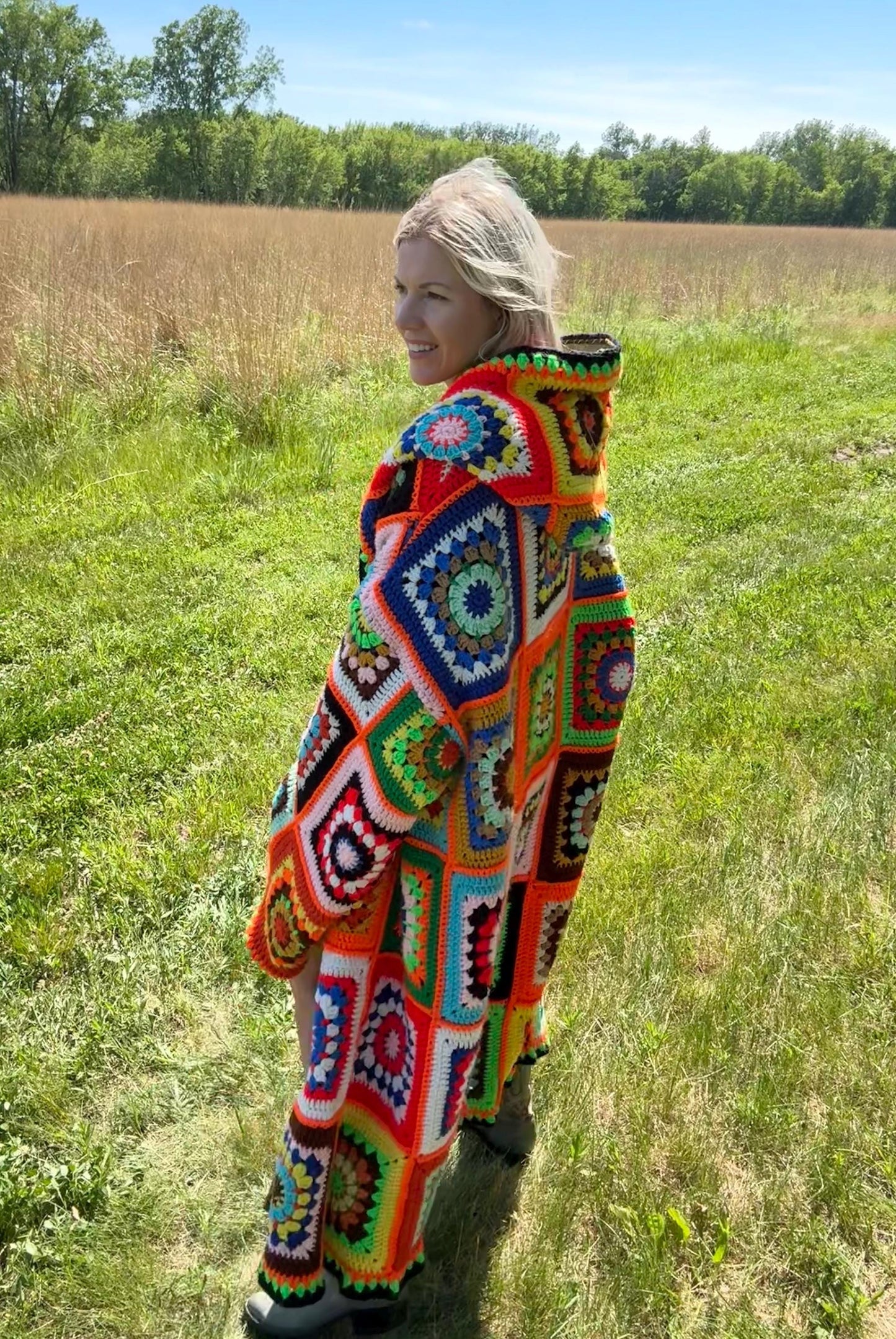 Flower Child Bold Maximalist Reversible Crochet Quilt Coat