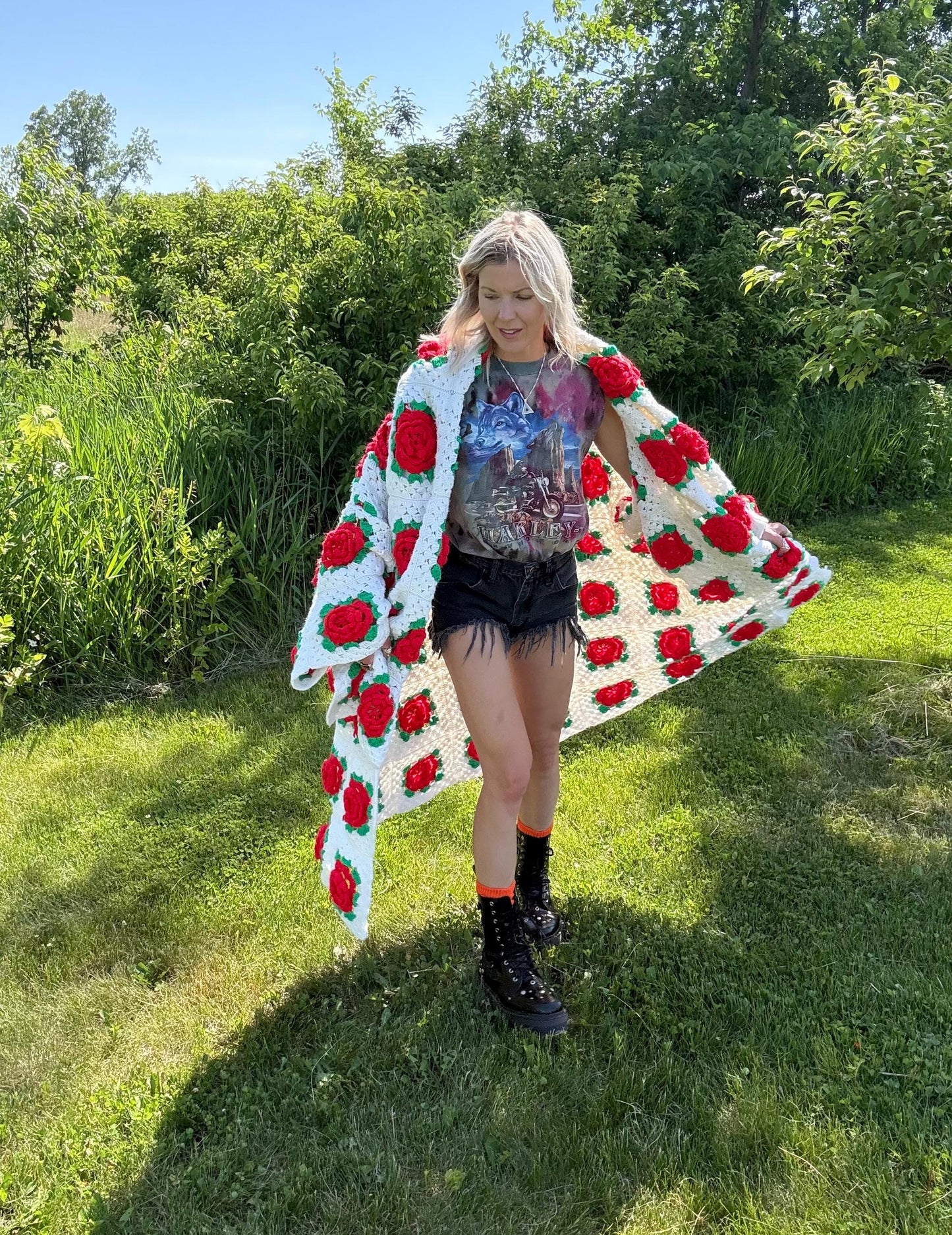 Vintage Romance Red Roses Extra Oversized Crochet Coat