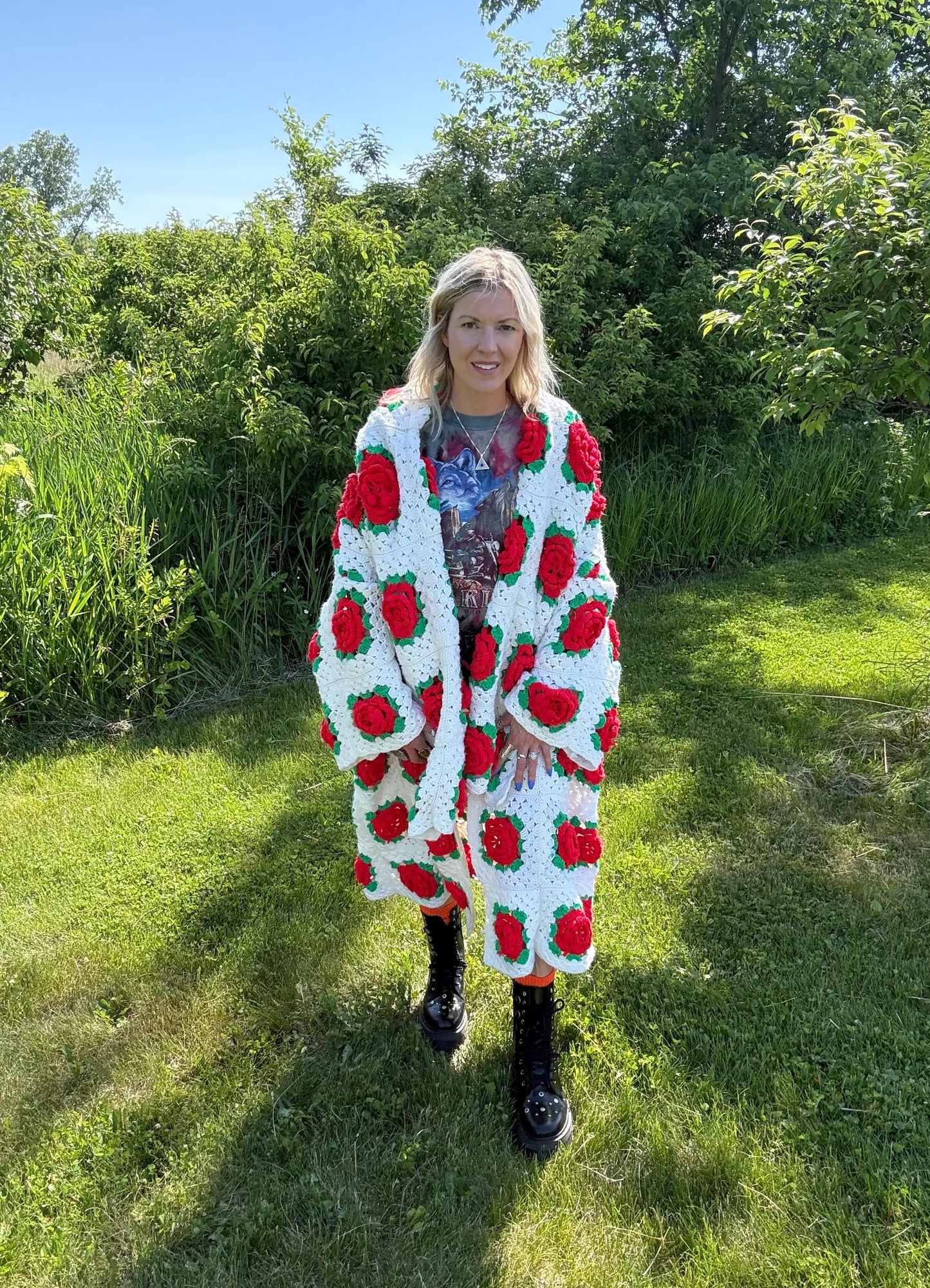 Vintage Romance Red Roses Extra Oversized Crochet Coat