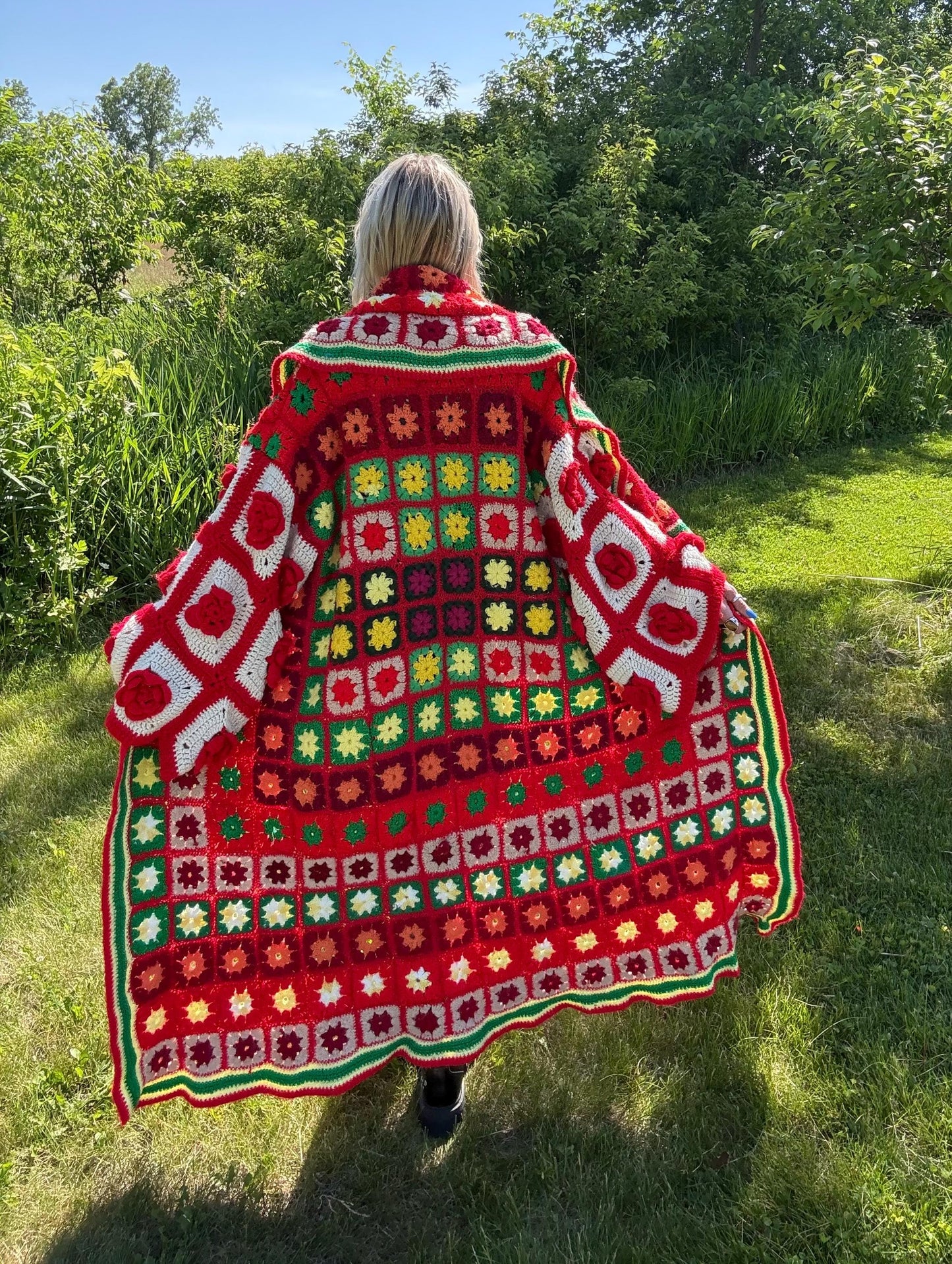 Romantic Escapade Long Oversized Red Rose Crochet Coat