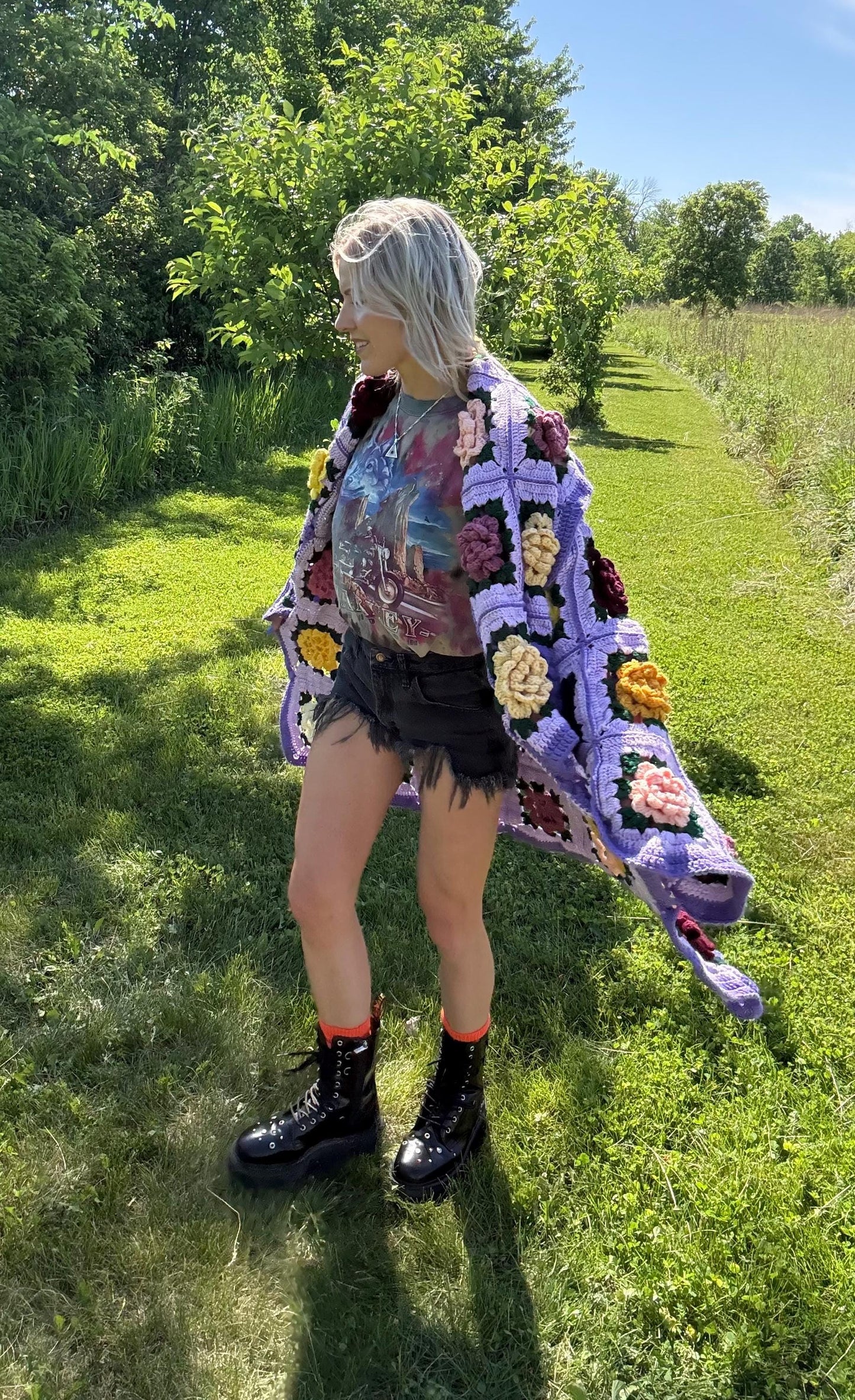 Pastel Roses Lilac Purple Crochet Cardigan