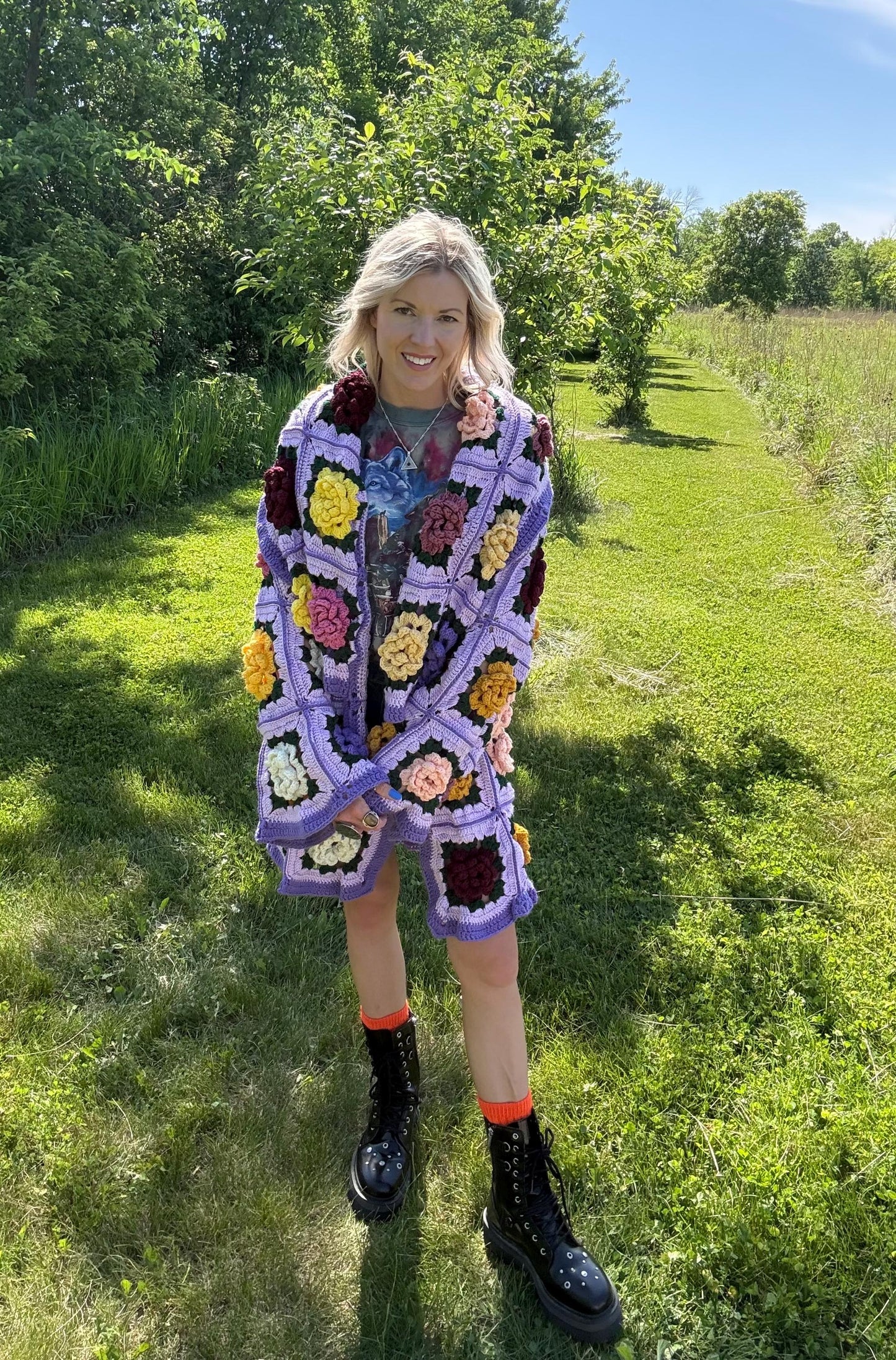 Pastel Roses Lilac Purple Crochet Cardigan