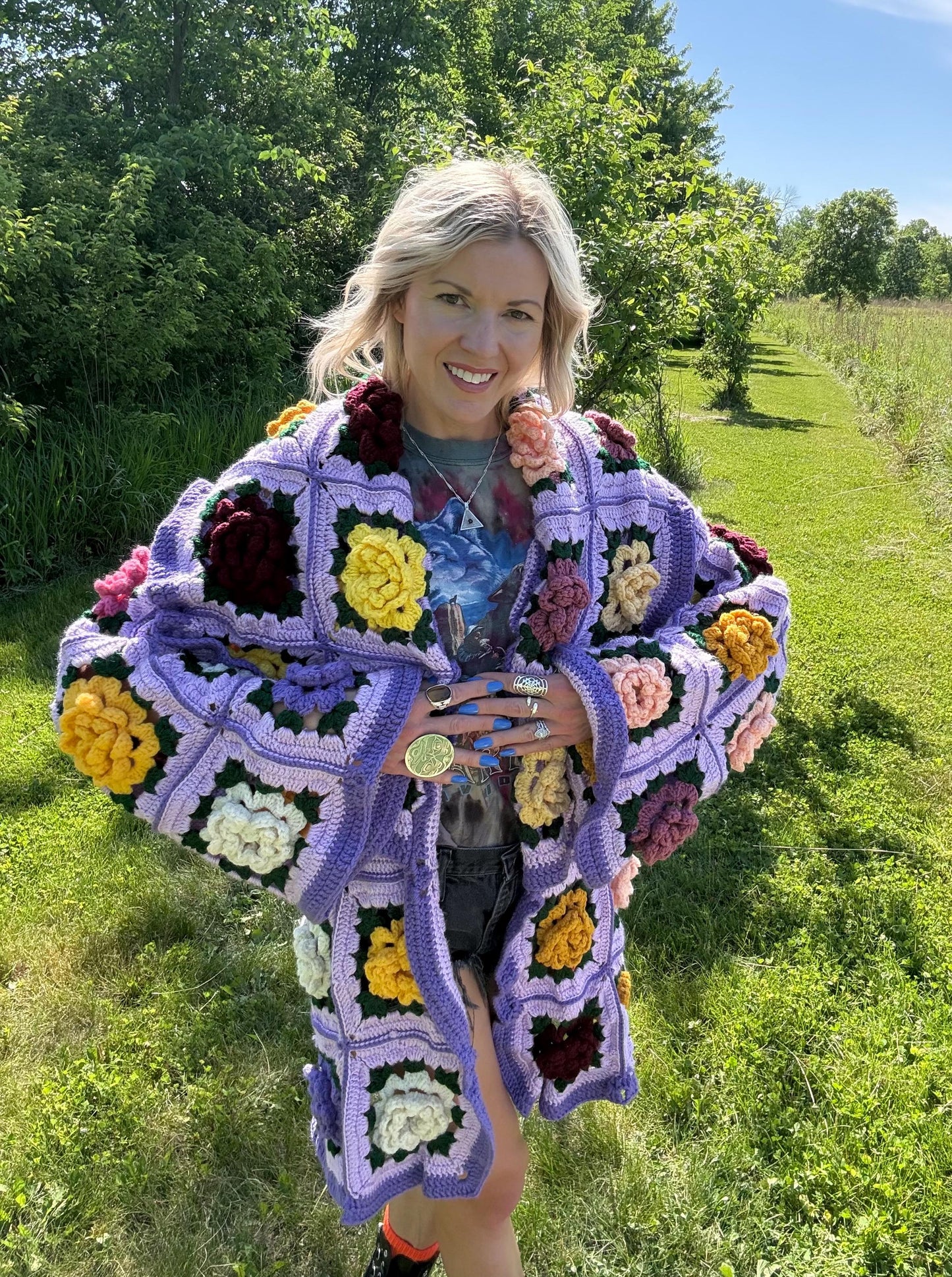 Pastel Roses Lilac Purple Crochet Cardigan