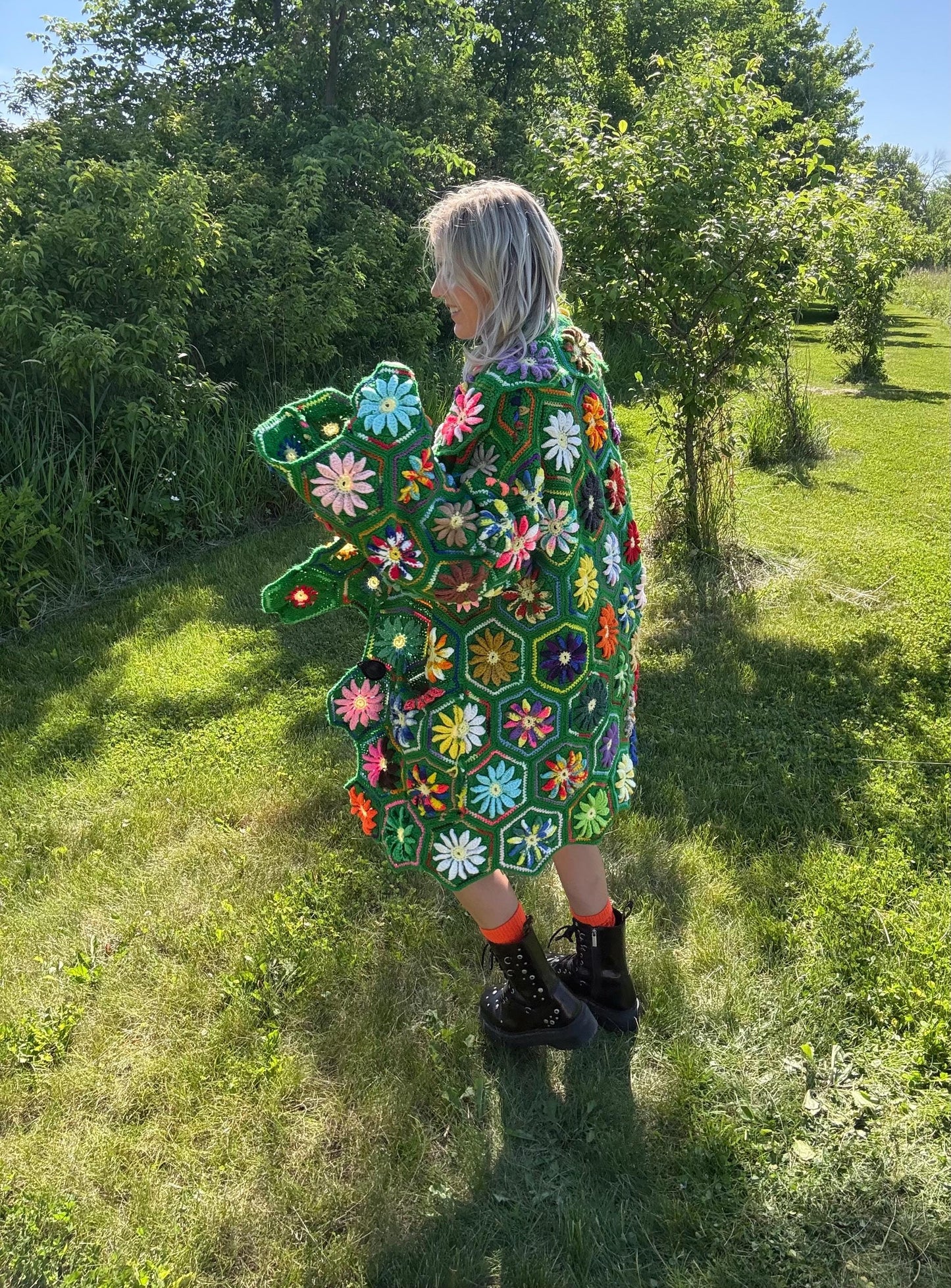 Flower Power Rainbow Honeycomb Crochet Coat