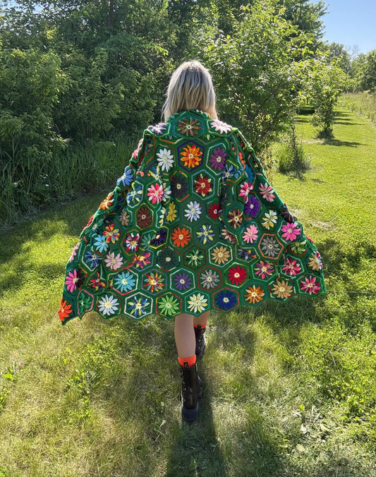 Flower Power Rainbow Honeycomb Crochet Coat