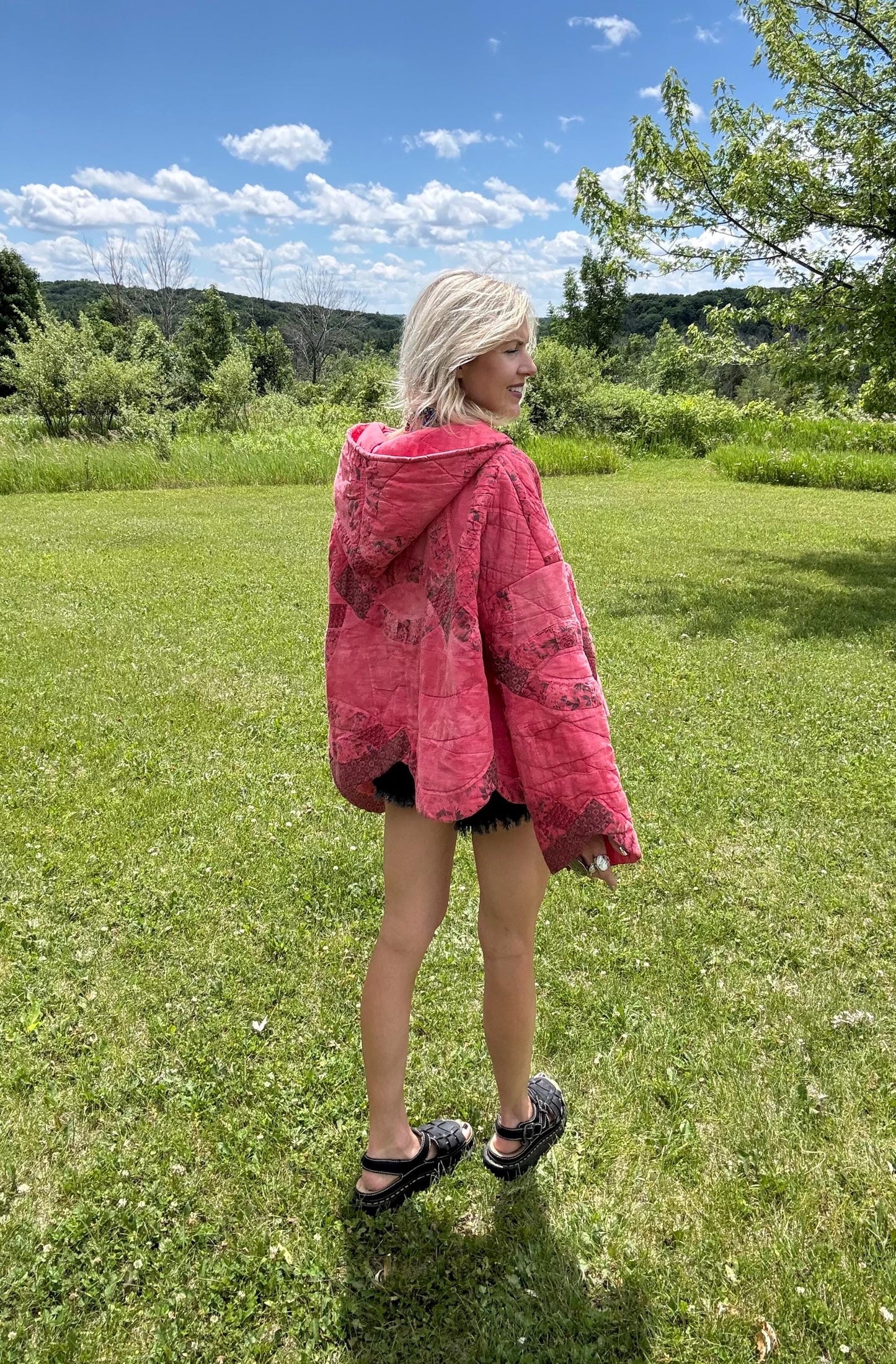 Coral Cutie Oversized Hooded Quilt Pullover
