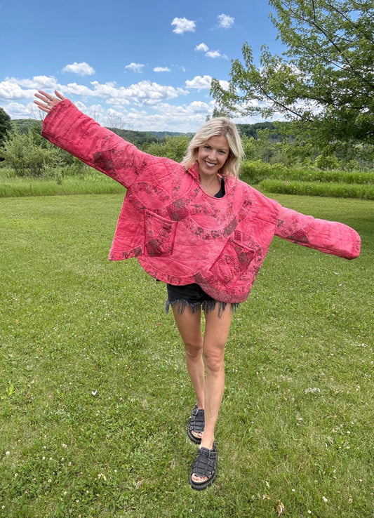 Coral Cutie Oversized Hooded Quilt Pullover