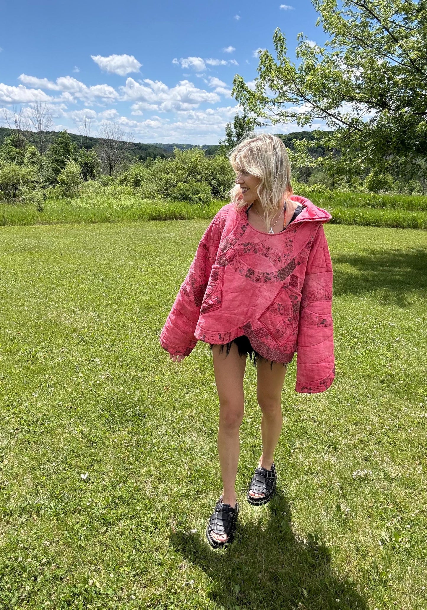 Coral Cutie Oversized Hooded Quilt Pullover